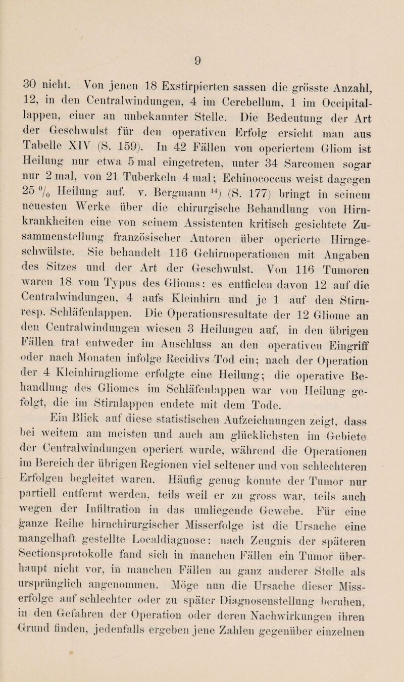 30 nicht. Von jenen 18 Exstirpierten sassen die grösste Anzahl, 12, in den Centralwindungen, 4 im Cerebellum, 1 im Occipital- lappen, einer an unbekannter Stelle. Die Bedeutung der Art der Geschwulst tür den operativen Erfolg ersieht man aus Tabelle Xl\ (S. 159). In 42 Fällen von operiertem Gliom ist Heilung nur etwa 5 mal eingetreten, unter 34 Sarcomen sogar nur 2 mal, von 21 Tuberkeln 4 mal; Echinococcus weist dagegen 25 °/0 Heilung auf. v. Bergmann 14j (S. 177) bringt in seinem neuesten Werke über die chirurgische Behandlung von Hirn¬ krankheiten eine von seinem Assistenten kritisch gesichtete Zu¬ sammenstellung französischer Autoren über operierte Hirnge¬ schwülste. Sie behandelt 116 Gehirnoperationen mit Angaben des Sitzes und der Art der Geschwulst. Von 116 Tumoren waren 18 vom Typus des Glioms: es entfielen davon 12 auf die Centralwindungen, 4 aufs Kleinhirn und je 1 auf den Stirn- resp. Schläfenlappen. Die Operationsresultate der 12 Gliome an den CentialWindungen wiesen 3 Heilungen auf, in den übrigen Fällen trat entweder im Anschluss an den operativen Eingriff odei nach Monaten infolge Recidivs Tod ein; nach der Operation der 4 Kleinhirngliome erfolgte eine Heilung; die operative Be¬ handlung des Gliomes im Schläfenlappen war von Heilung ge¬ folgt, die im Stirnlappen endete mit dem Tode. Ein Blick auf diese statistischen Aufzeichnungen zeigt, dass bei weitem am meisten und auch am glücklichsten im Gebiete der Centralwindungen operiert wurde, während die Operationen im Bereich der übrigen Regionen viel seltener und von schlechteren Erfolgen begleitet waren. Häufig genug konnte der Tumor nur partiell entfernt werden, teils weil er zu gross war, teils auch wegen der Infiltration in das umliegende Gewebe. Für eine ganze Reihe hirnchirurgischer Misserfolge ist die Ursache eine mangelhaft gestellte Localdiagnose: nach Zeugnis der späteren Sectionsprotokolle fand sich in manchen Fällen ein Tumor über¬ hau])! nicht vor, in manchen Fällen an ganz anderer Stelle als ursprünglich angenommen. Möge nun die Ursache dieser Miss¬ erfolge auf schlechter oder zu später Diagnosenstellung beruhen, in den Gefahren der Operation oder deren Nachwirkungen ihren Giund finden, jedenfalls ergeben jene Zahlen gegenüber einzelnen