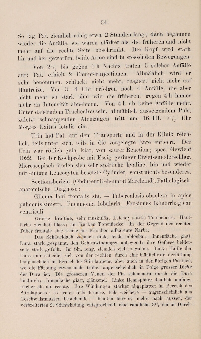 So lag Pat, ziemlich ruhig* etwa 2 Stunden lang; dann begannen wieder die Anfälle, sie waren starker als die früheren und nicht mehr auf die rechte Seite beschränkt. Der Kopf wird stark hin und her geworfen, beide Arme sind in stossenden Bewegungen. Von 2V2 bis gegen 3 h Nachts traten 5 solcher Anfälle auf: Pat. erhielt 2 Campferinjectionen. Allmählich wird er sehr benommen, schluckt nicht mehr, reagiert nicht mehr auf Hautreize. Von 3—4 Uhr erfolgen noch 4 Anfälle, die abei nicht mehr so stark sind wie die früheren, gegen 4 h immer mehr an Intensität abnehmen. Von 4 h ab keine Anfälle mehr. Unter dauerndem Trachealrasseln, allmählich aussetzendem Puls, zuletzt schnappenden Atemzügen tritt am 16. III. 772 Uhr Morges Exitus letalis ein. Urin hat Pat. auf dem Transporte und in der Klinik reich¬ lich, teils unter sich, teils in die vorgelegte Ente entleert. Der Urin war rötlich gelb, klar, von saurer Reaction; spec. Gewicht 1022. Bei der Kochprobe mit Essig geringer Eiweissniederschlag. Microscopisch fanden sich sehr spärliche hyaline, hin und wieder mit einigen Leucocyten besetzte Cylinder, sonst nichts besonderes. Sectionsbericht, (Obducent Geheimrat March and). Pathologisch- anatomische Diagnose: Glioma lobi frontalis sin. — Tuberculosis obsoleta in apice pulmonis sinistri. Pneumonia lobularis. Erosiones hämorrhagicae ventriculi. Grosse, kräftige, sehr muskulöse Leiche; starke Totenstarre. Haut¬ farbe ziemlich blass; am Rücken Totenflecke. In der Gegend des rechten Tuber frontale eine kleine am Knochen adhärente Narbe. Das Schädeldach ziemlich dick, leicht ablösbar. Innenfläche glatt. Dura stark gespannt, den Gehirnwindungen anliegend; ihre Gefässe beider¬ seits stark gefüllt. Im Sin. long. ziemlich viel Coagulum. Linke Hälfte der Dura unterscheidet sich von der rechten durch eine bläulichrote Verfärbung hauptsächlich im Bereich des Stirnlappens, aber auch in den übrigen Partieen, wo die Färbung etwas mehr trübe, augenscheinlich in Folge grosser Dicke der Dura ist. Die grösseren Venen der Pia schimmern durch die Dura hindurch; Innenfläche glatt, glänzend. Linke Hemisphäre deutlich umtang¬ reicher als die rechte. Ihre Windungen stärker abgeplattet im Bereich des Stirnlappens : es treten teils derbere, teils weichere — augenscheinlich aus Geschwulstmassen bestehende — Knoten hervor, mehr nach aussen, -der verbreiterten 2. Stirnwindung entsprechend, eine rundliche 3^2 cm im Durch-