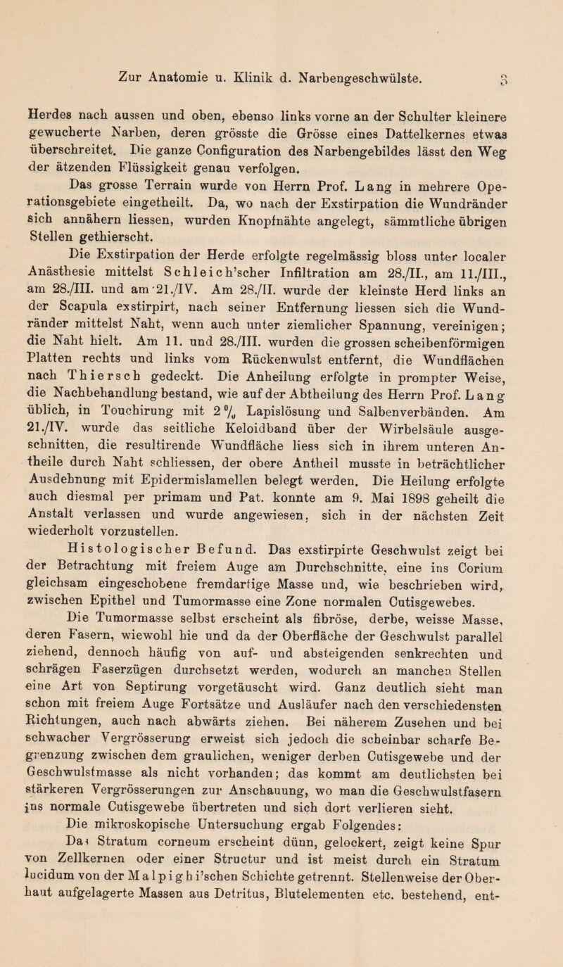 Herdes nach aussen und oben, ebenso links vorne an der Schulter kleinere gewucherte Narben, deren grosste die Grosse eines Dattelkernes etwas fiberschreitet. Die ganze Configuration des Narbengebildes lasst den Weg der atzenden Flfissigkeit genau verfolgen. Das grosse Terrain wurde von Herrn Prof. Lang in mehrere Ope- rationsgebiete eingetheilt. Da, wo nach der Exstirpation die Wundrander sich annahern liessen, wurden Knopfnahte angelegt, sammtliche iibrigen Stellen gethierscht. Die Exstirpation der Herde erfolgte regelmassig bloss unter localer Anasthesie mittelst Schleich’scher Infiltration am 28./II., am 11./III., am 28./III. und am'21./IV. Am 28./II. wurde der kleinste Herd links an der Scapula exstirpirt, nach seiner Entfernung liessen sich die Wund¬ rander mittelst Naht, wenn auch unter ziemlicher Spannung, vereinigen; die Naht hielt. Am 11. und 28./III. wurden die grossen scheibenformigen Platten rechts und links vom Rfickenwulst entfernt, die Wundflachen nach Thiersch gedeckt. Die Anheilung erfolgte in prompter Weise, die Nachbehandlungbestand, wie auf der Abtheilung des Herrn Prof. Lang tiblich, in Touchirung mit 2 % Lapislosung und Salbenverbanden. Am 21./IY. wurde das seitliche Keloidband fiber der Wirbelsaule ausge- schnitten, die resultirende Wundflaehe Hess sich in ihrem unteren An- theile durch Naht schliessen, der obere Antheil musste in betrachtlicher Ausdehnung mit Epidermislamellen beiegt werden. Die Heilung erfolgte auch diesmal per primam und Pat. konnte am 9. Mai 1898 geheilt die Anstalt verlassen und wurde angewiesen, sich in der nachsten Zeit wiederholt vorzustellen. Histologischer Befund. Das exstirpirte Geschwulst zeigt bei der Betrachtung mit freiem Auge am Durchschnitte, eine ins Corium gleichsam eingeschobene fremdartige Masse und, wie beschrieben wird,. zwischen Epithel und Tumormasse eine Zone normalen Cutisgewebes. Die Tumormasse selbst erscheint als fibrose, derbe, weisse Masse, deren Fasern, wiewohl hie und da der Oberflache der Geschwulst parallel ziehend, dennoch haufig von auf- und absteigenden senkrechten und schragen Faserzfigen durchsetzt werden, wodurch an manchen Stellen eine Art von Septirung vorgetauscht wird. Ganz deutlich sieht man schon mit freiem Auge Fortsatze und Auslaufer nach den verschiedensten Bichtungen, auch nach abwarts ziehen. Bei naherem Zusehen und bei schwacher Vergrosserung erweist sich jedoch die scbeinbar scharfe Be- grenzung zwischen dem graulichen, weniger derben Cutisgewebe und der Geschwulstmasse als nicht vorhanden; das kommt am deutlichsten bei starkeren Yergrosserungen zur Anschauung, wo man die Geschwulstfasern ins normale Cutisgewebe tibertreten und sich dort verlieren sieht. Die mikroskopische Untersuchung ergab Folgendes: Dai Stratum corneum erscheint dfinn, gelockert, zeigt keine Spur von Zellkernen oder einer Structur und ist meist durch ein Stratum lucidum von der M a 1 p i g h i’schen Schichte getrennt. Stellenweise der Ober- haut aufgelagerte Massen aus Detritus, Blutelementen etc. bestehend, ent-