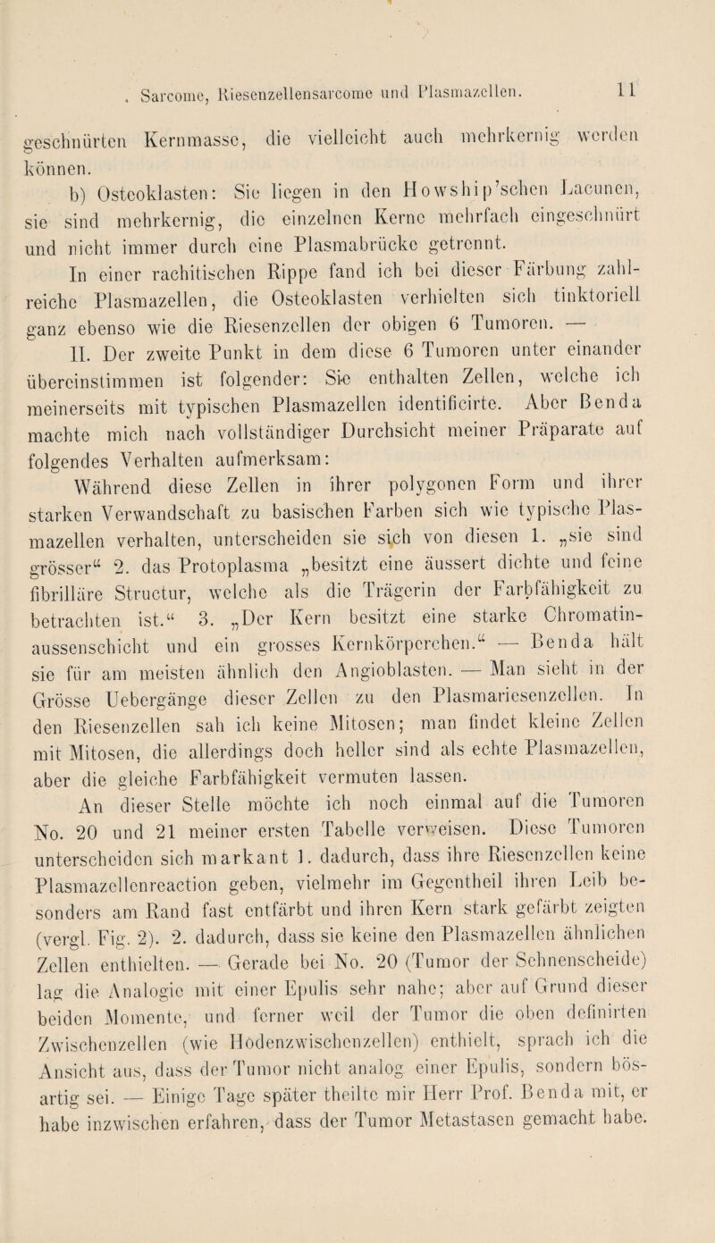 geschnürten Kernmasse, die vielleicht auch mchrkeinig werden können. h) Osteoklasten: Sie liegen in den Howship’schen Lacunen, sie sind mehrkernig, die einzelnen Kerne mehrfach eingeschnürt und nicht immer durch eine Plasmabrücke getrennt. In einer rachitischen Rippe fand ich bei dieser Färbung zahl¬ reiche Plasmazellen, die Osteoklasten verhielten sich tinktoriell ganz ebenso wTie die Riescnzcllen der obigen 6 Tumoren. 11. Der zweite Punkt in dem diese 6 Tumoren unter einander übereinstimmen ist folgender: Sie enthalten Zellen, welche ich meinerseits mit typischen Plasmazellcn identificirte. Aber Ben da machte mich nach vollständiger Durchsicht meiner Präparate auf folgendes Verhalten aufmerksam: Während diese Zellen in ihrer polygonen Form und ihrer starken Verwandschaft zu basischen Farben sich wie typische Plas¬ mazellen verhalten, unterscheiden sie sich von diesen 1. „sie sind grösser“ 2. das Protoplasma „besitzt eine äussert. dichte und feine fibrilläre Structur, welche als die Trägerin der Farbfähigkeit zu betrachten ist.“ 3. „Der Kern besitzt eine starke Chromatin- aussenschicht und ein grosses Kernkörperchen.“ — Ben da hält sie für am meisten ähnlich den Angioblasten. Man sieht in dei Grösse Uebergänge dieser Zellen zu den Plasmariesenzellen. In den Riesenzellen sah ich keine Mitosen; man findet kleine Zellen mit Mitosen, die allerdings doch heller sind als echte Plasmazellen, aber die gleiche Farbfähigkeit vermuten lassen. An dieser Stelle möchte ich noch einmal auf die Tumoren No. 20 und 21 meiner ersten Tabelle verweisen. Diese Tumoren unterscheiden sich markant 1. dadurch, dass ihre Riescnzcllen keine Plasmazellenreaction geben, vielmehr im Gegentheil ihren Leib be¬ sonders am Rand fast entfärbt und ihren Kern stark gefärbt zeigten (vergl. Fig. 2). 2. dadurch, dass sie keine den Plasmazellen ähnlichen Zellen enthielten. — Gerade bei No. 20 (Tumor der Sehnenscheide) lag die Analogie mit einer Epulis sehr nahe; aber auf Grund dieser beiden Momente, und ferner wTeil der Tumor die oben definirten Zwischenzellen (wie Hodenzwischcnzellcn) enthielt, sprach ich die Ansicht aus, dass der Tumor nicht analog einer Epulis, sondern bös¬ artig sei. — Einige Tage später theiltc mir Herr Prof. Benda mit, er habe inzwischen erfahren, dass der Tumor Metastasen gemacht habe.