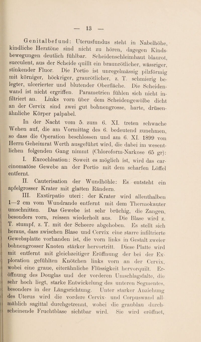 Genital bef und: Uterusfundus steht in Nabelhöhe, kindliche Herztöne sind nicht zu hören, dagegen Kinds¬ bewegungen deutlich fühlbar. Scheidenschleimhaut blaurot, succulent, aus der Scheide quillt ein braunröthcher, wässriger, stinkender Kluoi. Hie Portio ist unregelmässig pilzförmig mit körniger, höckriger, graurötlicher, z. T. schmierig be¬ legter, ulcerierter und blutender Oberfläche. Die Scheiden¬ wand ist nicht ergriffen. Parametrien fühlen sich nicht in¬ filtriert an. Links vorn über dem Scheidengewölbe dicht an der Cervix sind zwei gut hohnengrosse, harte, drüsen¬ ähnliche Körper palpabel. In dei Nacht vom 5. zum b. XI. treten schwache Wehen auf, die am Vormittag des 6. bedeutend zunehmen, so dass die Operation beschlossen und am 6. XL 1899 von Herrn Geheimrat Werth ausgeführt wird, die dabei im wesent¬ lichen folgenden Gang nimmt (Chloroform-Narkose 65 gr): L Excochleation: Soweit es möglich ist, wird das car- cinomatöse Gewebe an der Portio mit dem scharfen Löffel entfernt. II. Cauterisation der Wundhöhle: Es entsteht ein apfelgrosser Krater mit glatten Rändern. III. Exstirpatio uteri: der Krater wird allenthalben 1—2 cm vom Wundrande entfernt mit dem Thermokauter Umschnitten. Das Gewebe ist sehr brüchig, die Zangen, besonders vorn, reissen wiederholt aus. Die Blase wird z. T. stumpf, z. T. mit der Scheere abgehoben. Es stellt sich heraus, dass zwischen Blase und Cervix eine starre infiltrierte Gewebsplatte vorhanden ist, die vorn links in Gestalt zweier bohnengrosser Knoten stärker hervortritt. Diese Platte wird mit entfernt mit gleichzeitiger Eröffnung der bei der Ex¬ ploration gefühlten Knötchen links vorn an der Cervix, wobei eine graue, eiterähnliche Flüssigkeit hervorquilt. Er¬ öffnung des Douglas und der vorderen Umschlagsfalte, die sehr hoch liegt, starke Entwickelung des unteren Segmentes, besonders in der Längsrichtung. Unter starker Anziehung des Uterus wird die vordere Cervix- und Corpuswand all¬ mählich sagittal durchgetrennt, wobei die graublau durch¬ scheinende Fruchtblase sichtbar wird. Sie wird eröffnet,