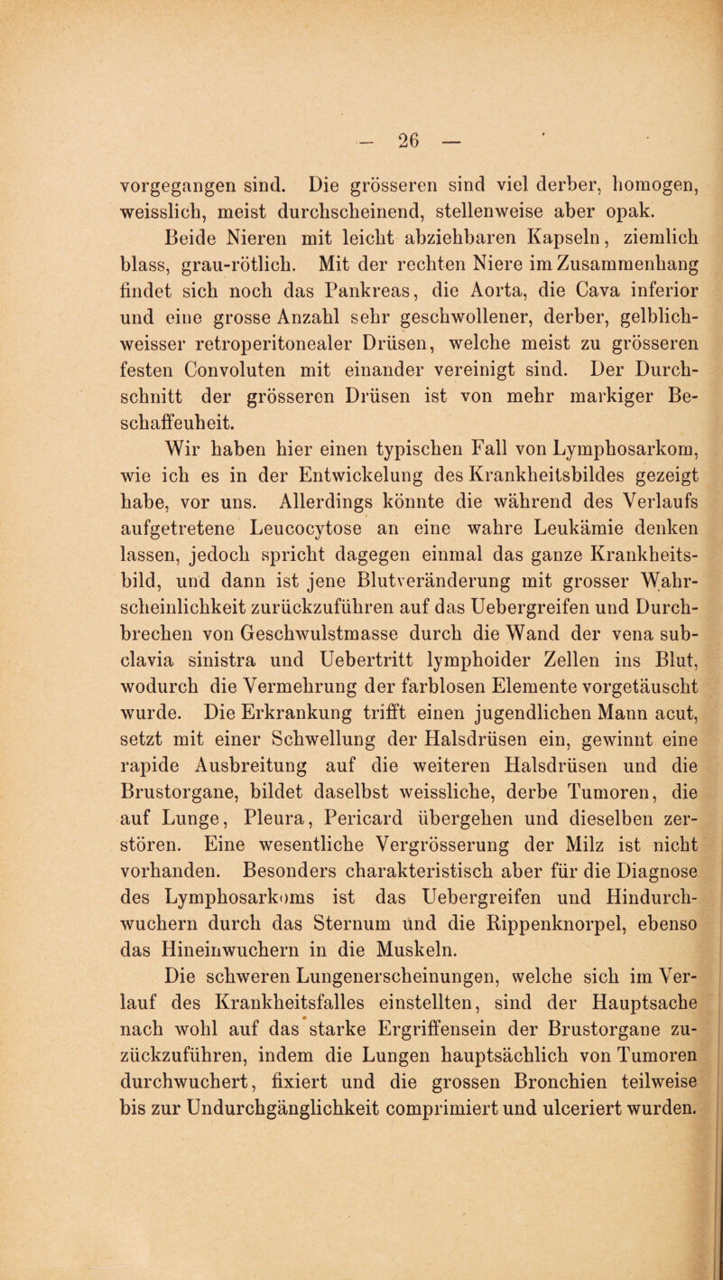 vorgegangen sind. Die grösseren sind viel derber, homogen, weisslich, meist durchscheinend, stellenweise aber opak. Beide Nieren mit leicht abziehbaren Kapseln, ziemlich blass, grau-rötlich. Mit der rechten Niere im Zusammenhang findet sich noch das Pankreas, die Aorta, die Cava inferior und eine grosse Anzahl sehr geschwollener, derber, gelblich- weisser retroperitonealer Drüsen, welche meist zu grösseren festen Convoluten mit einander vereinigt sind. Der Durch¬ schnitt der grösseren Drüsen ist von mehr markiger Be- schaffeuheit. Wir haben hier einen typischen Fall von Lymphosarkom, wie ich es in der Entwickelung des Krankheitsbildes gezeigt habe, vor uns. Allerdings könnte die während des Verlaufs aufgetretene Leucocytose an eine wahre Leukämie denken lassen, jedoch spricht dagegen einmal das ganze Krankheits¬ bild, und dann ist jene Blutveränderung mit grosser Wahr¬ scheinlichkeit zurückzuführen auf das Uebergreifen und Durch¬ brechen von Geschwulstmasse durch die Wand der vena sub¬ clavia sinistra und Uebertritt lymphoider Zellen ins Blut, wodurch die Vermehrung der farblosen Elemente vorgetäuscht wurde. Die Erkrankung trifft einen jugendlichen Mann acut, setzt mit einer Schwellung der Halsdrüsen ein, gewinnt eine rapide Ausbreitung auf die weiteren Halsdrüsen und die Brustorgane, bildet daselbst weissliche, derbe Tumoren, die auf Lunge, Pleura, Pericard übergehen und dieselben zer¬ stören. Eine wesentliche Vergrösserung der Milz ist nicht vorhanden. Besonders charakteristisch aber für die Diagnose des Lymphosarkoms ist das Uebergreifen und Hindurch¬ wuchern durch das Sternum und die Rippenknorpel, ebenso das Hineinwuchern in die Muskeln. Die schweren Lungenerscheinungen, welche sich im Ver¬ lauf des Krankheitsfalles einstellten, sind der Hauptsache nach wohl auf das starke Ergriffensein der Brustorgane zu- zückzuftihren, indem die Lungen hauptsächlich von Tumoren durchwuchert, fixiert und die grossen Bronchien teilweise bis zur Undurchgänglichkeit comprimiert und ulceriert wurden.