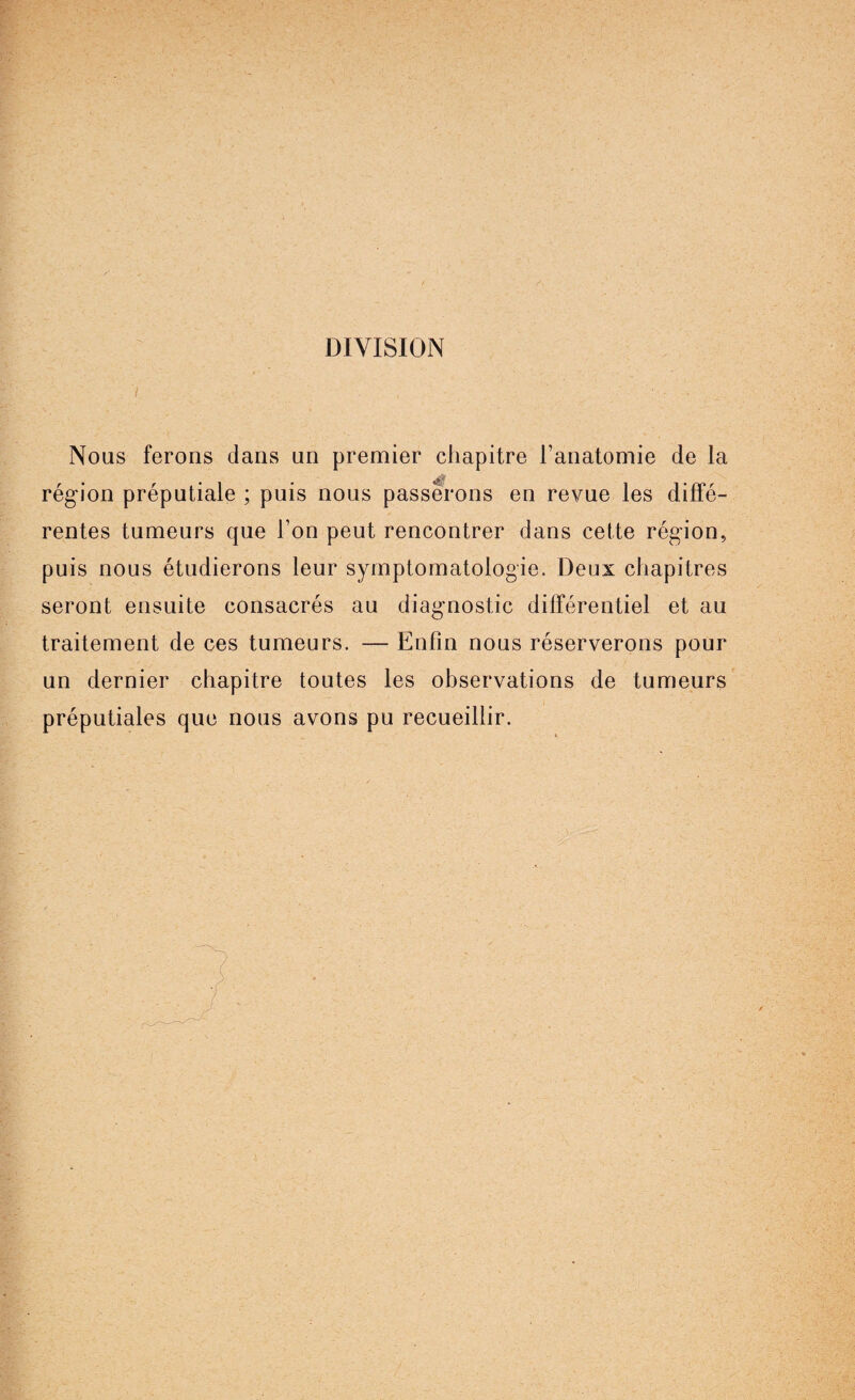 DIVISION i ■ ■ • Nous ferons dans un premier chapitre l’anatomie de la région préputiale ; puis nous passerons en revue les diffé¬ rentes tumeurs que l’on peut rencontrer dans cette région, puis nous étudierons leur symptomatologie. Deux chapitres seront ensuite consacrés au diagnostic différentiel et au traitement de ces tumeurs. — Enfin nous réserverons pour un dernier chapitre toutes les observations de tumeurs préputiales que nous avons pu recueillir.