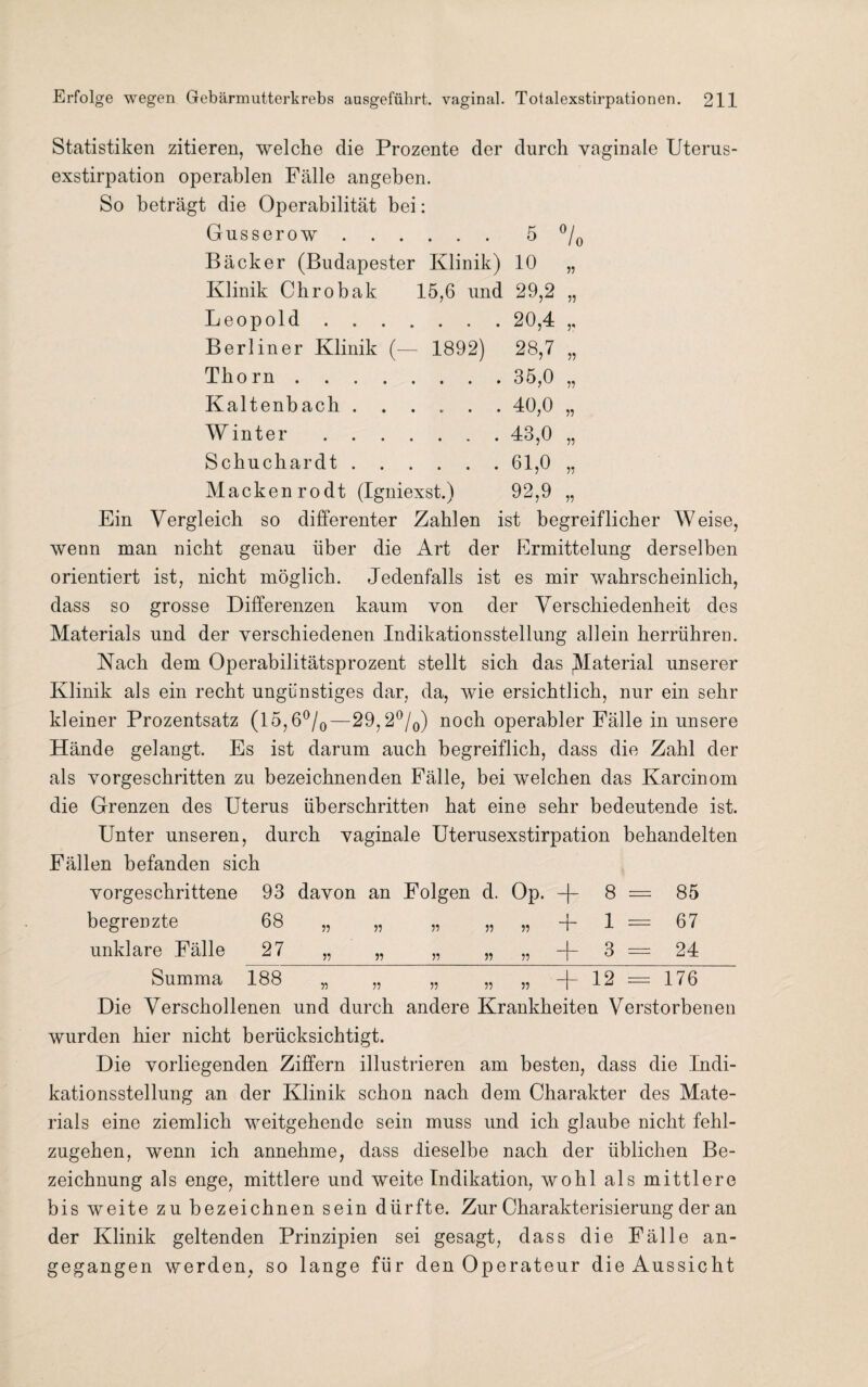 Statistiken zitieren, welche die Prozente der durch vaginale Uterus¬ exstirpation operablen Fälle angeben. So beträgt die Operabilität bei: Gusserow. 5 °/0 Bäcker (Budapester Klinik) 10 „ Klinik Chrobak 15,6 und 29,2 „ Leopold.20,4 „ Berliner Klinik (— 1892) 28,7 „ Tborn.35,0 „ Kaltenbach.40,0 „ Winter.43,0 „ Schuchardt.61,0 ,, Mackenrodt (Igniexst.) 92,9 „ Ein Vergleich so differenter Zahlen ist begreiflicher Weise, wenn man nicht genau über die Art der Ermittelung derselben orientiert ist, nicht möglich. Jedenfalls ist es mir wahrscheinlich, dass so grosse Differenzen kaum von der Verschiedenheit des Materials und der verschiedenen Indikationsstellung allein herrühren. Nach dem Operabilitätsprozent stellt sich das Material unserer Klinik als ein recht ungünstiges dar, da, wie ersichtlich, nur ein sehr kleiner Prozentsatz (15,6°/0—29,2°/0) noch operabler Fälle in unsere Hände gelangt. Es ist darum auch begreiflich, dass die Zahl der als vorgeschritten zu bezeichnenden Fälle, bei welchen das Karcinom die Grenzen des Uterus überschritten hat eine sehr bedeutende ist. Unter unseren, durch vaginale Uterusexstirpation behandelten Fällen befanden sich vorgeschrittene 93 davon an Folgen d. Op. -f- 8 = 85 begrenzte 68 55 55 55“1~1 = 67 unklare Fälle 27 55 55 55 + 3 = 24 Summa 188 55 55 55 55 55 + 12 = 176 Die Verschollenen und durch andere Krankheiten Verstorbenen wurden hier nicht berücksichtigt. Die vorliegenden Ziffern illustrieren am besten, dass die Indi¬ kationsstellung an der Klinik schon nach dem Charakter des Mate¬ rials eine ziemlich weitgehende sein muss und ich glaube nicht fehl¬ zugehen, wenn ich annehme, dass dieselbe nach der üblichen Be¬ zeichnung als enge, mittlere und weite Indikation, wohl als mittlere bis weite zu bezeichnen sein dürfte. Zur Charakterisierung der an der Klinik geltenden Prinzipien sei gesagt, dass die Fälle an¬ gegangen werden, so lange für den Operateur die Aussicht