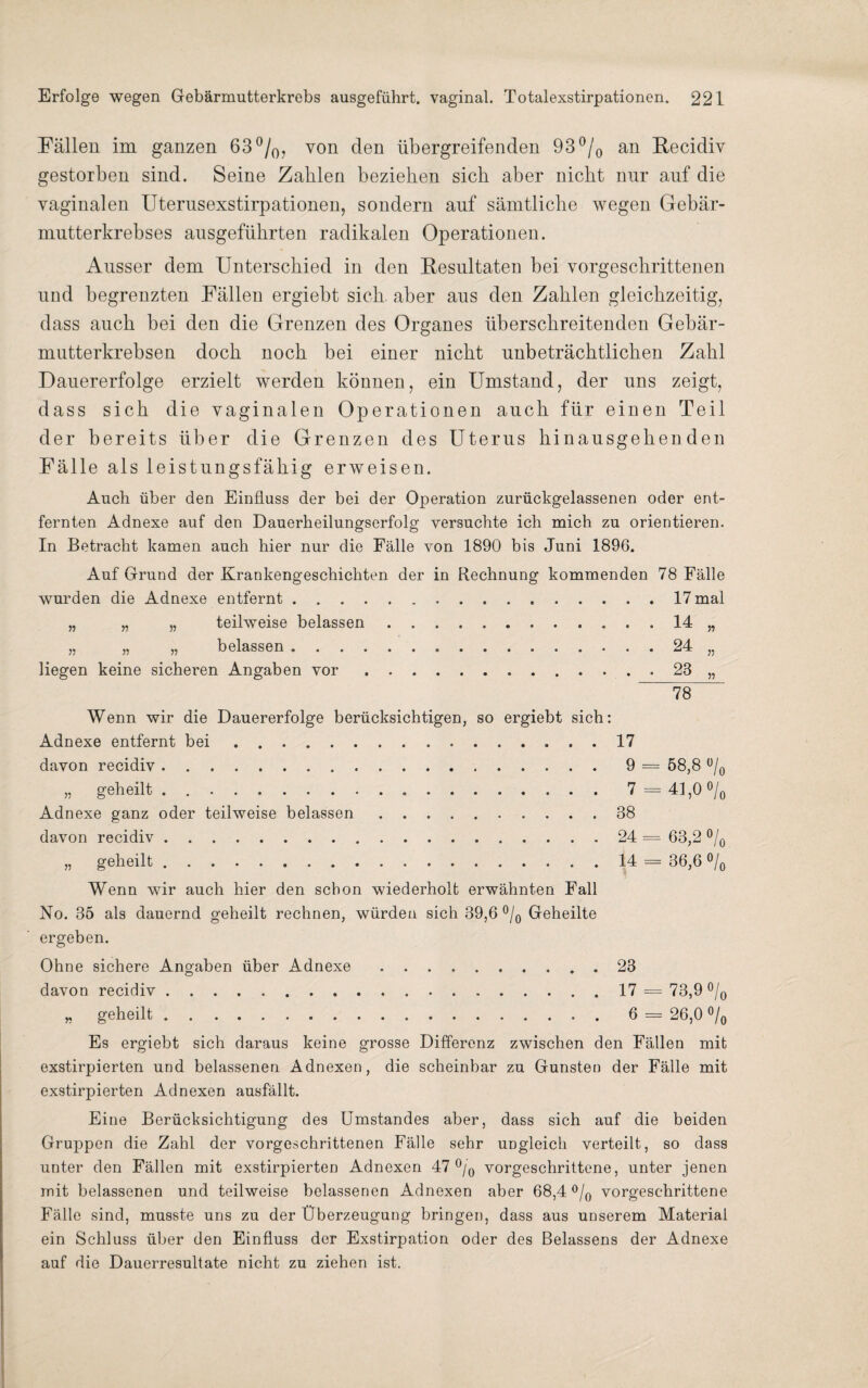 Fällen im ganzen 63%, von den übergreifenden 93% an Recidiv gestorben sind. Seine Zahlen beziehen sich aber nicht nur auf die vaginalen Uterusexstirpationen, sondern auf sämtliche wegen Gebär¬ mutterkrebses ausgeführten radikalen Operationen. Ausser dem Unterschied in den Resultaten bei vorgeschrittenen und begrenzten Fällen ergiebt sich aber aus den Zahlen gleichzeitig, dass auch bei den die Grenzen des Organes überschreitenden Gebär¬ mutterkrebsen doch noch bei einer nicht unbeträchtlichen Zahl Dauererfolge erzielt werden können, ein Umstand, der uns zeigt, dass sich die vaginalen Operationen auch für einen Teil der bereits über die Grenzen des Uterus hinausgehenden Fälle als leistungsfähig erweisen. Auch über den Einfluss der bei der Operation zurückgelassenen oder ent¬ fernten Adnexe auf den Dauerheilungserfolg versuchte ich mich zu orientieren. In Betracht kamen auch hier nur die Fälle von 1890 bis Juni 1896. Auf Grund der Krankengeschichten der in Rechnung kommenden 78 Fälle wurden die Adnexe entfernt...17 mal „ „ „ teilweise belassen.14 „ „ „ „ belassen.24 „ liegen keine sicheren Angaben vor.„.23 „ 78 Wenn wir die Dauererfolge berücksichtigen, so ergiebt sich: Adnexe entfernt bei.17 davon recidiv.9 = 58,8 °/0 „ geheilt . 7 = 41,0 °/0 Adnexe ganz oder teilweise belassen.38 davon recidiv. 24 = 63,2 °/0 „ geheilt.14 = 36,6 °/0 Wenn wir auch hier den schon wiederholt erwähnten Fall No. 35 als dauernd geheilt rechnen, würden sich 39,6 °/0 Geheilte ergeben. Ohne sichere Angaben über Adnexe.23 davon recidiv...17 = 73,9 °/0 „ geheilt...6 = 26,0 °/0 Es ergiebt sich daraus keine grosse Differenz zwischen den Fällen mit exstirpierten und belassenen Adnexen, die scheinbar zu Gunsten der Fälle mit exstirpierten Adnexen ausfällt. Eine Berücksichtigung des Umstandes aber, dass sich auf die beiden Gruppen die Zahl der vorgeschrittenen Fälle sehr ungleich verteilt, so dass unter den Fällen mit exstirpierten Adnexen 47 °/0 vorgeschrittene, unter jenen mit belassenen und teilweise belassenen Adnexen aber 68,4 °/0 vorgeschrittene Fälle sind, musste uns zu der Überzeugung bringen, dass aus unserem Material ein Schluss über den Einfluss der Exstirpation oder des Belassens der Adnexe auf die Dauerresultate nicht zu ziehen ist.