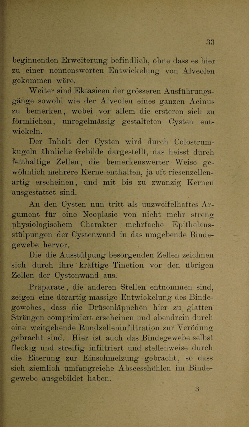 beginnenden Erweiterung befindlich, ohne dass es hier zu einer nennenswerten Entwickelung von Alveolen gekommen wäre. Weiter sind Ektasieen der grösseren Ausführungs¬ gänge sowohl wie der Alveolen eines ganzen Acinus zu bemerken, wobei vor allem die ersteren sich zu förmlichen, unregelmässig gestalteten Cysten ent¬ wickeln. Der Inhalt der Cysten wird durch Colostrum¬ kugeln ähnliche Gebilde dargestellt, das heisst durch fetthaltige Zellen, die bemerkenswerter Weise ge¬ wöhnlich mehrere Kerne enthalten, ja oft riesenzellen¬ artig erscheinen, und mit bis zu zwanzig Kernen ausgestattet sind. An den Cysten nun tritt als unzweifelhaftes Ar¬ gument für eine Neoplasie von nicht mehr streng physiologischem Charakter mehrfache Epithelaus¬ stülpungen der Cystenwand in das umgebende Binde¬ gewebe hervor. Die die Ausstülpung besorgenden Zellen zeichnen sich durch ihre kräftige Tinction vor den übrigen Zellen der Cystenwand aus. Präparate, die anderen Stellen entnommen sind, zeigen eine derartig massige Entwickelung des Binde¬ gewebes , dass die Drüsenläppchen hier zu glatten Strängen comprimiert erscheinen und obendrein durch eine weitgehende Kundzelleninfiltration zur Verödung gebracht sind. Hier ist auch das Bindegewebe selbst fleckig und streifig infiltriert und stellenweise durch die Eiterung zur Einschmelzung gebracht, so dass sich ziemlich umfangreiche Abscesshöhlen im Binde¬ gewebe ausgebildet haben.