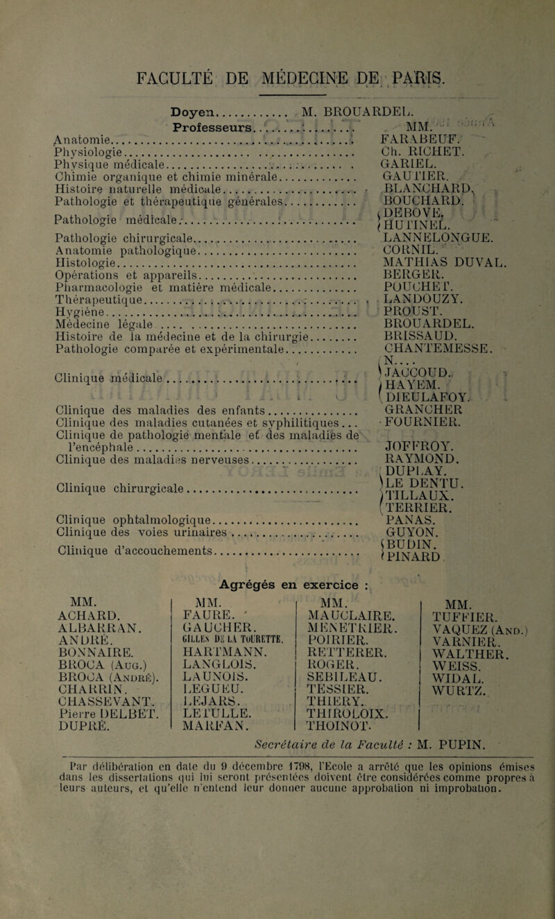 FACULTÉ DE MÉDECINE DE PARIS. - i i ■ » i ; » a. Doyen. M. BROUARDEL. Professeurs_____J... MM. Anatomie.... Physiologie. Physique médicale.. Chimie organique et chimie minérale. Histoire naturelle médicale. Pathologie et thérapeutique générales Pathologie médicale;.: FAR AB EUE. Ch. RICHET. GAR1EL. GAUTIER. BLANCHARD, BOUCHARD. , DEBOVEj • HuitneL. Pathologie chirurgicale.,....... Anatomie pathologique. .. Histologie. Opérations et appareils.. Pharmacologie ec matière médicale. Thérapeutique..... 7 Hygiène.. Médecine légale . Histoire de la médecine et de la chirurgie Pathologie comparée et expérimentale.... Clinique médicale ! ' Clinique des maladies des enfants. Clinique des maladies cutanées et syphilitiques... Clinique de pathologie mentale et des maladies de l’encéphale. Clinique des maladies nerveuses. Clinique chirurgicale Clinique ophtalmologique... Clinique des voies urinaires Clinique d’accouchements... LANNELONGUE. CORN IL.! ' • MATHIAS DUVAL. BERGER. POUCHET. LAN DO UZY. PROUST. BROUARDEL. BR1SSAUD. CHANTEMESSE. [N.... JACCOUD., I HAYEM. {D1EULAFOY. GRANCHER •FOURNIER. JOFFROY. RAYMOND. (DUPLAY. )LE DENTU. TILLAUX. (TERRIER. PANAS. GUYON. (BUDIN. ( PINARD Agrégés en exercice : MM. ACHARD. ALBARRAN. ANDRÉ. BON N AIRE. BROCA (Aug.) BROC A (André). CHARR1N. CHASSEVANT. Pierre DELBET. DUPRÉ. MM. FAURE. ' GAUCHER. GILLES DE LA TüURETÏE. HARTMANN. LANGLOIS. LAUNOIS. LEGUEU. LEJARS. LE TULLE. MARFAN. MM. MAUCLAIRE. MENETRIER. POIRIER. RETTERER. ROGER. SEBILEAU. TESSIER. TH1ERY. THIROLOIX. THOINOT. MM. TUFFIER. VAQUEZ (And.) VARNIER. WALTHER. WEISS. WIDAL. WURTZ. Secrétaire de la Faculté : M. PUPIN. Par délibéralion en date du 9 décembre 1798, l’Ecole a arreté que les opinions émises dans les dissertations qui in i seront présentées doivent être considérées comme propres à leurs auteurs, et qu’elle n’entend leur donner aucune approbation ni improbation.