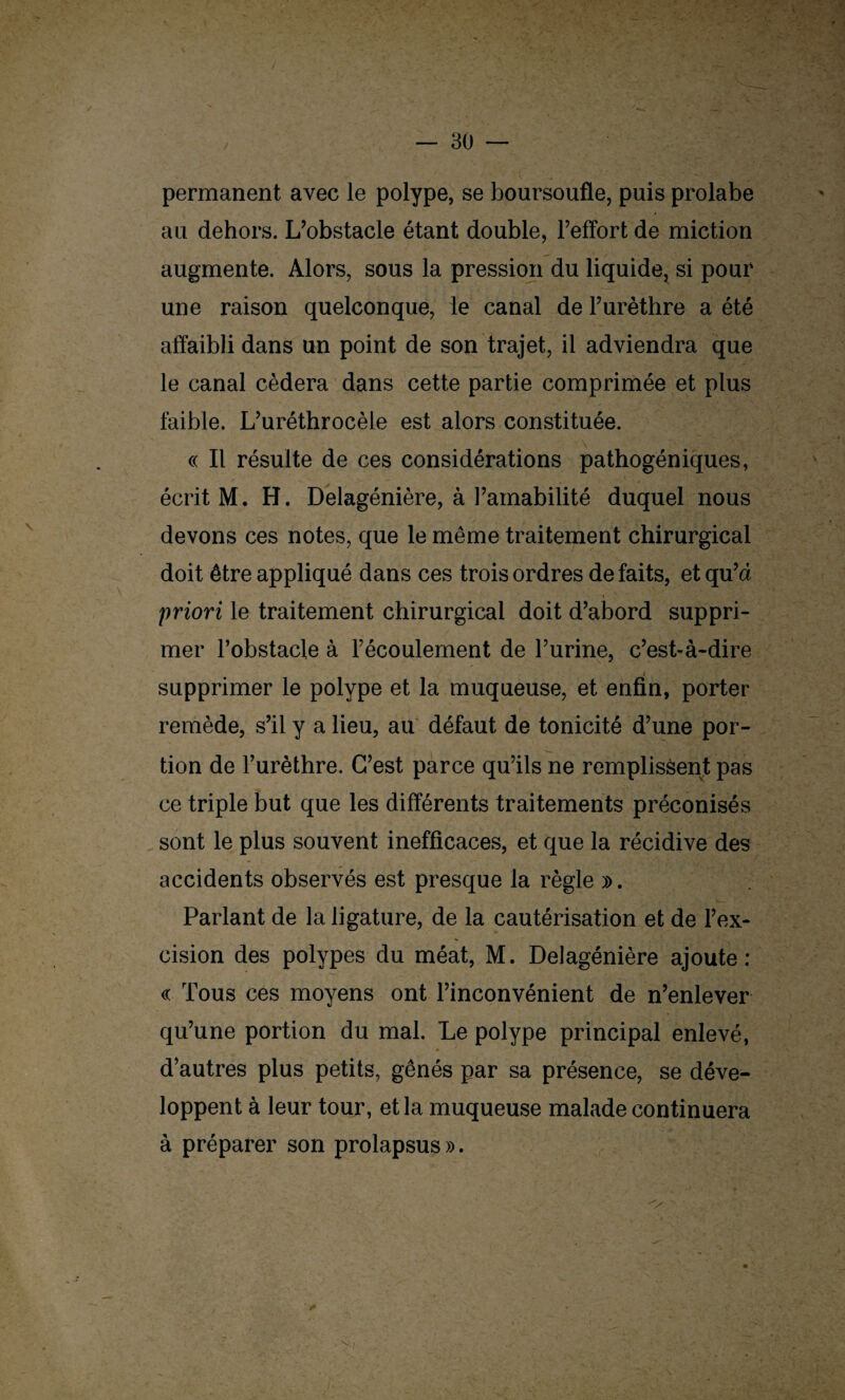/ — 80 permanent avec le polype, se boursoufle, puis prolabe au dehors. L’obstacle étant double, l’effort de miction augmente. Alors, sous la pression du liquide, si pour une raison quelconque, le canal de l’urèthre a été affaibli dans un point de son trajet, il adviendra que le canal cédera dans cette partie comprimée et plus faible. L’uréthrocèle est alors constituée. « Il résulte de ces considérations pathogéniques, écrit M. H. Delagénière, à l’amabilité duquel nous devons ces notes, que le même traitement chirurgical doit être appliqué dans ces trois ordres défaits, et qu’a priori le traitement chirurgical doit d’abord suppri¬ mer l’obstacle à l’écoulement de l’urine, c’est-à-dire supprimer le polype et la muqueuse, et enfin, porter remède, s’il y a lieu, au défaut de tonicité d’une por¬ tion de l’urèthre. C’est parce qu’ils ne remplissent pas ce triple but que les différents traitements préconisés sont le plus souvent inefficaces, et que la récidive des accidents observés est presque la règle ». Parlant de la ligature, de la cautérisation et de l’ex¬ cision des polypes du méat, M. Delagénière ajoute: « Tous ces moyens ont l’inconvénient de n’enlever qu’une portion du mal. Le polype principal enlevé, d’autres plus petits, gênés par sa présence, se déve¬ loppent à leur tour, et la muqueuse malade continuera à préparer son prolapsus». O *