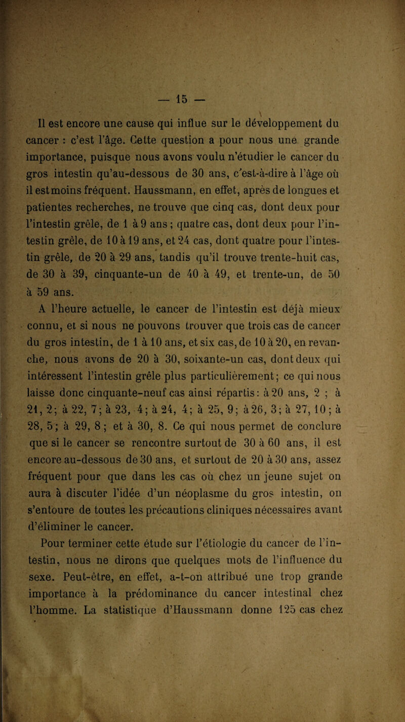 ■ Il est encore une cause qui influe sur le développement du cancer : c’est l’âge. Celte question a pour nous une grande importance, puisque nous avons voulu n’étudier le cancer du gros intestin qu’au-dessous de 30 ans, c'est-à-dire à l’âge où il estmoins fréquent. Haussmann, en effet, après de longues et patientes recherches, ne trouve que cinq cas, dont deux pour l’intestin grêle, de 1 à 9 ans ; quatre cas, dont deux pour l’in¬ testin grêle, de 10 à 19 ans, et 24 cas, dont quatre pour Tintes- tin grêle, de 20 à 29 ans, tandis qu’il trouve trente-huit cas, de 30 à 39, cinquante-un de 40 à 49, et trente-un, de 50 à 59 ans. A l’heure actuelle, le cancer de l’intestin est déjà mieux connu, et si nous ne pouvons trouver que trois cas de cancer du gros intestin, de 1 à 10 ans, et six cas, de 10 à 20, en revan- y che, nous avons de 20 à 30, soixante-un cas, dont deux qui intéressent l’intestin grêle plus particulièrement; ce qui nous laisse donc cinquante-neuf cas ainsi répartis : à 20 ans, 2 ; à 24,2; à 22, 7; à 23, 4; à 24, 4; à 25,9; à26, 3; à 27, 10; à 28, 5; à 29, 8 ; et à 30, 8. Ce qui nous permet de conclure que si le cancer se rencontre surtout de 30 à 60 ans, il est encore au-dessous de 30 ans, et surtout de 20 à 30 ans, assez fréquent pour que dans les cas où chez un jeune sujet on aura à discuter l’idée d’un néoplasme du gros intestin, on 1 • , • s’entoure de toutes les précautions cliniques nécessaires avant d’éliminer le cancer. Pour terminer cette étude sur l’étiologie du cancer de l’in¬ testin, nous ne dirons que quelques mots de l’influence du sexe. Peut-être, en effet, a-t-on attribué une trop grande importance à la prédominance du cancer intestinal chez l’homme. La statistique d’Haussmann donne 125 cas chez /*