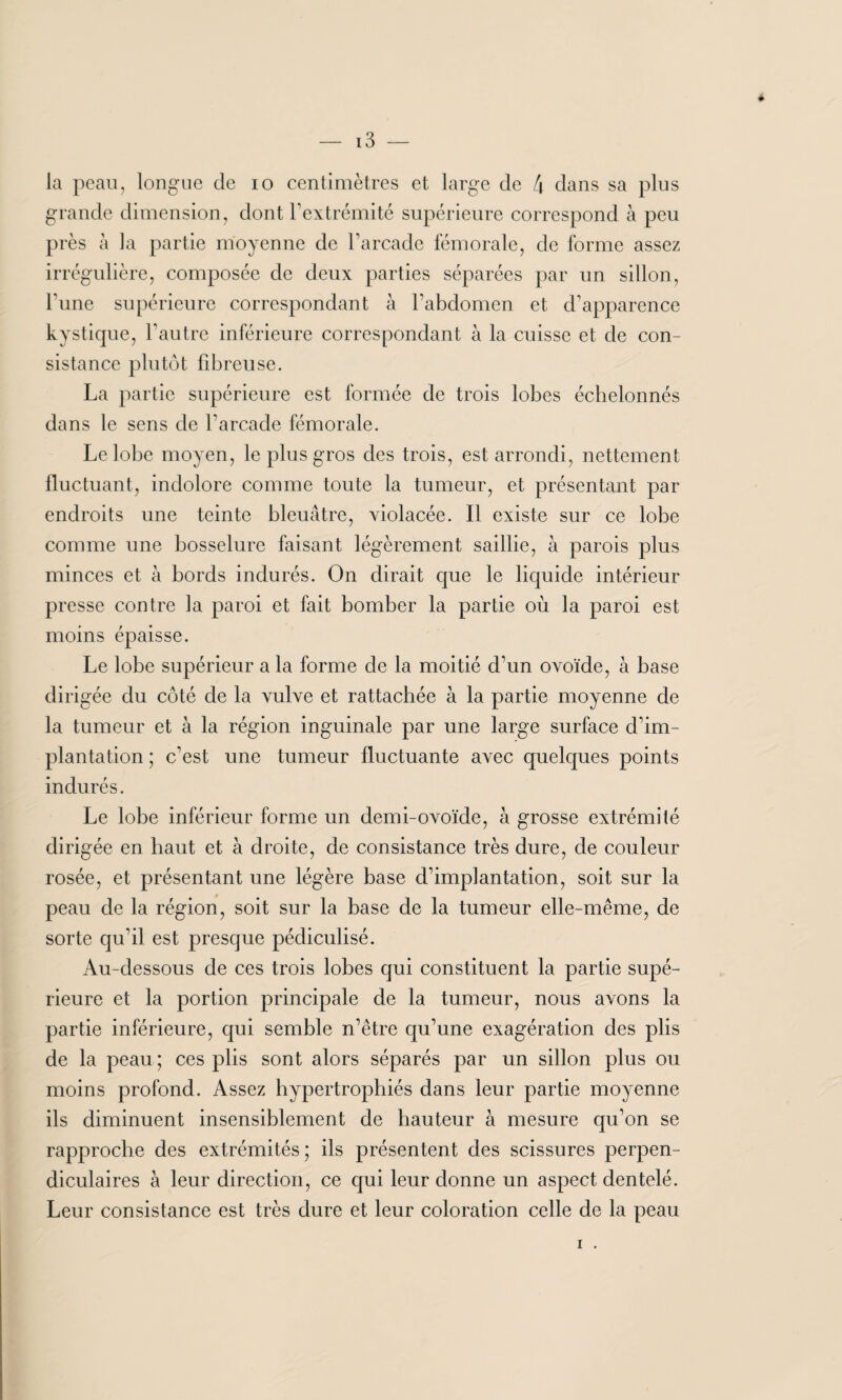 la peau, longue de io centimètres et large de 4 dans sa plus grande dimension, dont l'extrémité supérieure correspond à peu près à la partie moyenne de l’arcade fémorale, de forme assez irrégulière, composée de deux parties séparées par un sillon, Tune supérieure correspondant à l’abdomen et d’apparence kystique, l’autre inférieure correspondant à la cuisse et de con¬ sistance plutôt fibreuse. La partie supérieure est formée de trois lobes échelonnés dans le sens de l’arcade fémorale. Le lobe moyen, le plus gros des trois, est arrondi, nettement fluctuant, indolore comme toute la tumeur, et présentant par endroits une teinte bleuâtre, violacée. Il existe sur ce lobe comme une bosselure faisant légèrement saillie, à parois plus minces et à bords indurés. On dirait que le liquide intérieur presse contre la paroi et fait bomber la partie où la paroi est moins épaisse. Le lobe supérieur a la forme de la moitié d’un ovoïde, à base dirigée du côté de la vulve et rattachée à la partie moyenne de la tumeur et à la région inguinale par une large surface d’im- plantation ; c’est une tumeur fluctuante avec quelques points indurés. Le lobe inférieur forme un demi-ovoïde, à grosse extrémité dirigée en haut et à droite, de consistance très dure, de couleur rosée, et présentant une légère base d’implantation, soit sur la peau de la région, soit sur la base de la tumeur elle-même, de sorte qu’il est presque pédiculisé. Au-dessous de ces trois lobes qui constituent la partie supé¬ rieure et la portion principale de la tumeur, nous avons la partie inférieure, qui semble n’être qu’une exagération des plis de la peau ; ces plis sont alors séparés par un sillon plus ou moins profond. Assez hypertrophiés dans leur partie moyenne ils diminuent insensiblement de hauteur à mesure qu’on se rapproche des extrémités ; ils présentent des scissures perpen¬ diculaires à leur direction, ce qui leur donne un aspect dentelé. Leur consistance est très dure et leur coloration celle de la peau