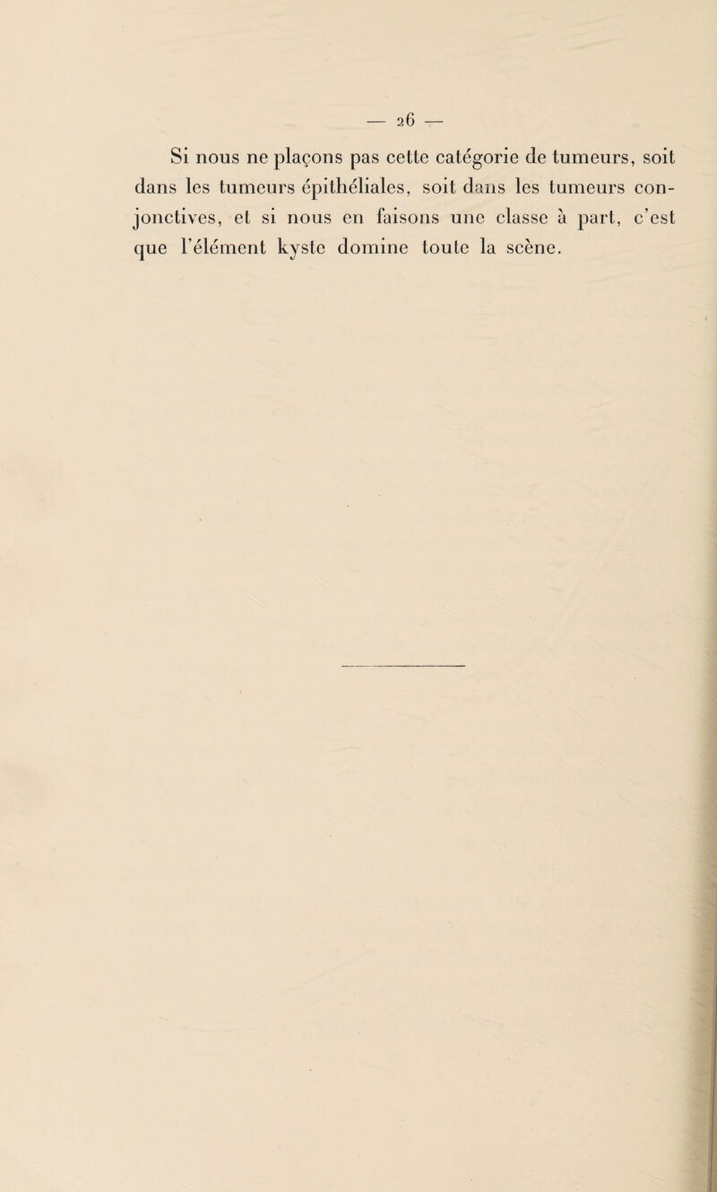 Si nous ne plaçons pas cette catégorie de tumeurs, soit dans les tumeurs épithéliales, soit dans les tumeurs con¬ jonctives, et si nous en faisons une classe à part, c’est que l’élément kyste domine toute la scène.