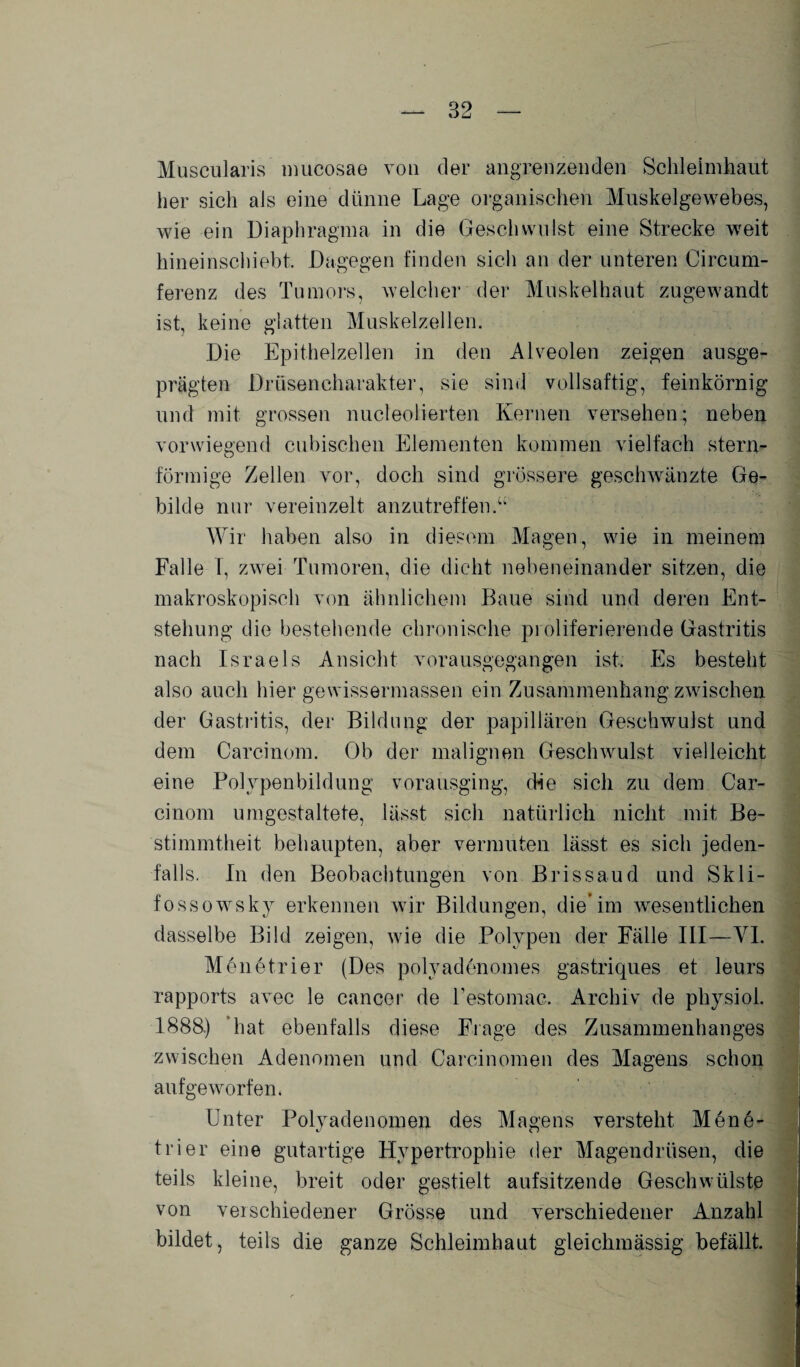 Muscularis mucosae von der angrenzenden Schleimhaut her sich als eine dünne Lage organischen Muskelgewebes, wie ein Diaphragma in die Geschwulst eine Strecke weit hineinschiebt. Dagegen finden sich an der unteren Circurn- ferenz des Tumors, welcher der Muskelhaut zugewandt ist, keine glatten Muskelzellen. Die Epithelzellen in den Alveolen zeigen ausge¬ prägten Drüsencharakter, sie sind vollsaftig, feinkörnig und mit grossen nucleolierten Kernen versehen; neben vorwiegend cubischen Elementen kommen vielfach stern¬ förmige Zellen vor, doch sind grössere geschwänzte Ge¬ bilde nur vereinzelt anzutreffen.“ Wir haben also in diesem Magen, wie in meinem Falle I, zwei Tumoren, die dicht nebeneinander sitzen, die makroskopisch von ähnlichem Baue sind und deren Ent¬ stehung die bestellende chronische pi oliferierende Gastritis nach Israels Ansicht vorausgegangen ist. Es besteht also auch hier gewissermassen ein Zusammenhang zwischen der Gastritis, der Bildung der papillären Geschwulst und dem Carcinom. Ob der malignen Geschwulst vielleicht eine Polypenbildung vorausging, die sich zu dem Car¬ cinom umgestaltete, lässt sich natürlich nicht mit Be¬ stimmtheit behaupten, aber vermuten lässt es sich jeden¬ falls. In den Beobachtungen von Brissaud und Sk li¬ fo ssowsky erkennen wir Bildungen, die’im wesentlichen dasselbe Bild zeigen, wie die Polypen der Fälle III—VI. Menetrier (Des polyadenomes gastriques et leurs rapports avec le cancer de Pestomac. Archiv de physiol. 1888) hat ebenfalls diese Frage des Zusammenhanges zwischen Adenomen und Carcinomen des Magens schon aufgeworfen. Unter Polyadenomen des Magens versteht Mene¬ trier eine gutartige Hypertrophie der Magendrüsen, die teils kleine, breit oder gestielt aufsitzende Geschwülste von verschiedener Grösse und verschiedener Anzahl bildet, teils die ganze Schleimhaut gleichmässig befällt.