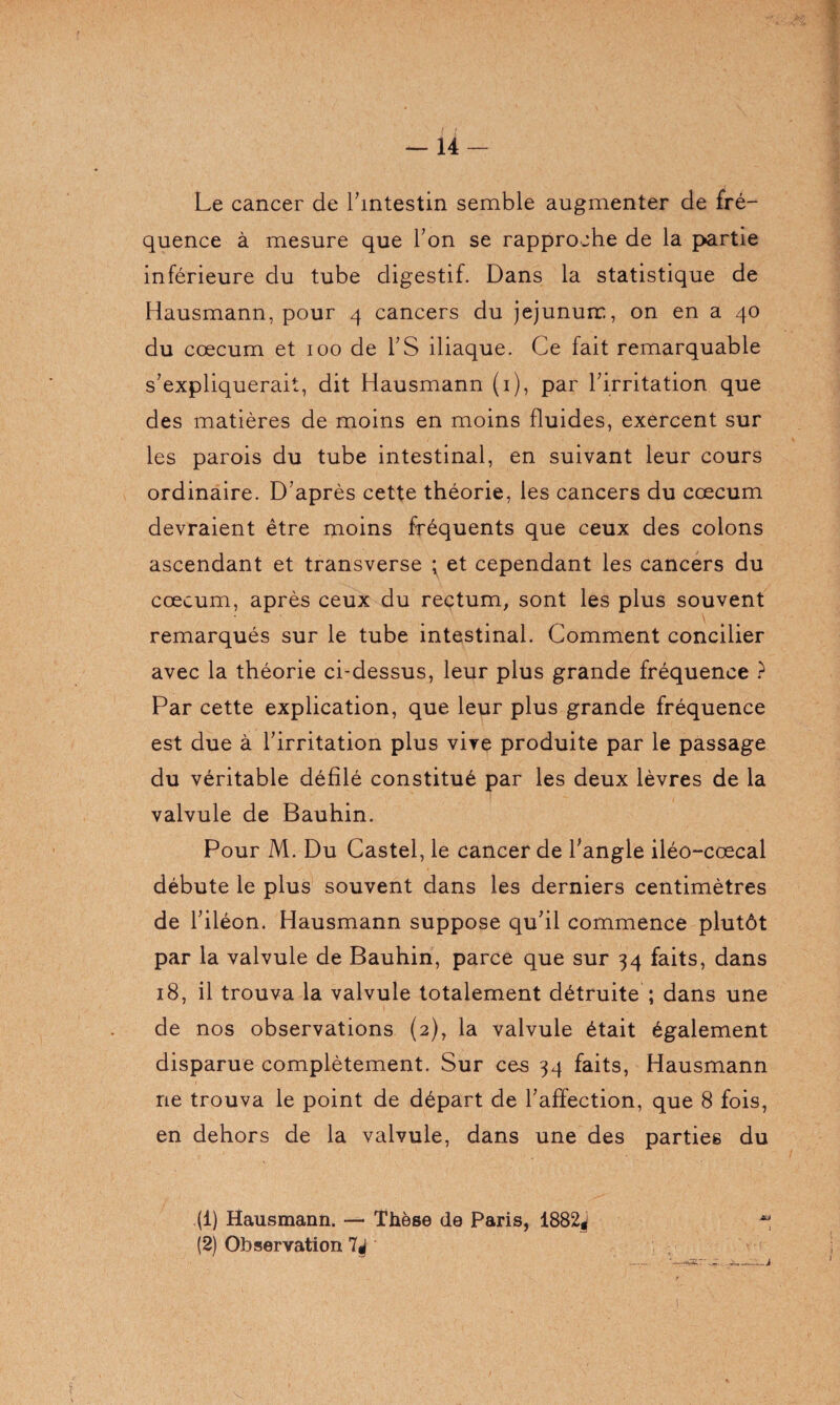 — 14- Le cancer de l'intestin semble augmenter de fré¬ quence à mesure que Ton se rapproche de la partie inférieure du tube digestif. Dans la statistique de Hausmann, pour 4 cancers du jéjunum, on en a 40 du cæcum et 100 de T S iliaque. Ce fait remarquable s'expliquerait, dit Hausmann (1), par l'irritation que des matières de moins en moins fluides, exercent sur les parois du tube intestinal, en suivant leur cours ordinaire. D'après cette théorie, les cancers du cæcum devraient être moins fréquents que ceux des colons ascendant et transverse ; et cependant les cancers du cæcum, après ceux du rectum, sont les plus souvent * ■ 1 \ remarqués sur le tube intestinal. Comment concilier avec la théorie ci-dessus, leur plus grande fréquence ? Par cette explication, que leur plus grande fréquence est due à l’irritation plus vire produite par le passage du véritable défilé constitué par les deux lèvres de la valvule de Bauhin. Pour M. Du Castel, le cancer de l'angle iléo-cœcal débute le plus souvent dans les derniers centimètres de l'iléon. Hausmann suppose qu'il commence plutôt par la valvule de Bauhin, parce que sur 34 faits, dans 18, il trouva la valvule totalement détruite ; dans une de nos observations (2), la valvule était également disparue complètement. Sur ces 34 faits, Hausmann ne trouva le point de départ de l'affection, que 8 fois, en dehors de la valvule, dans une des parties du (1) Hausmann. — Thèse de Paris, 1882j