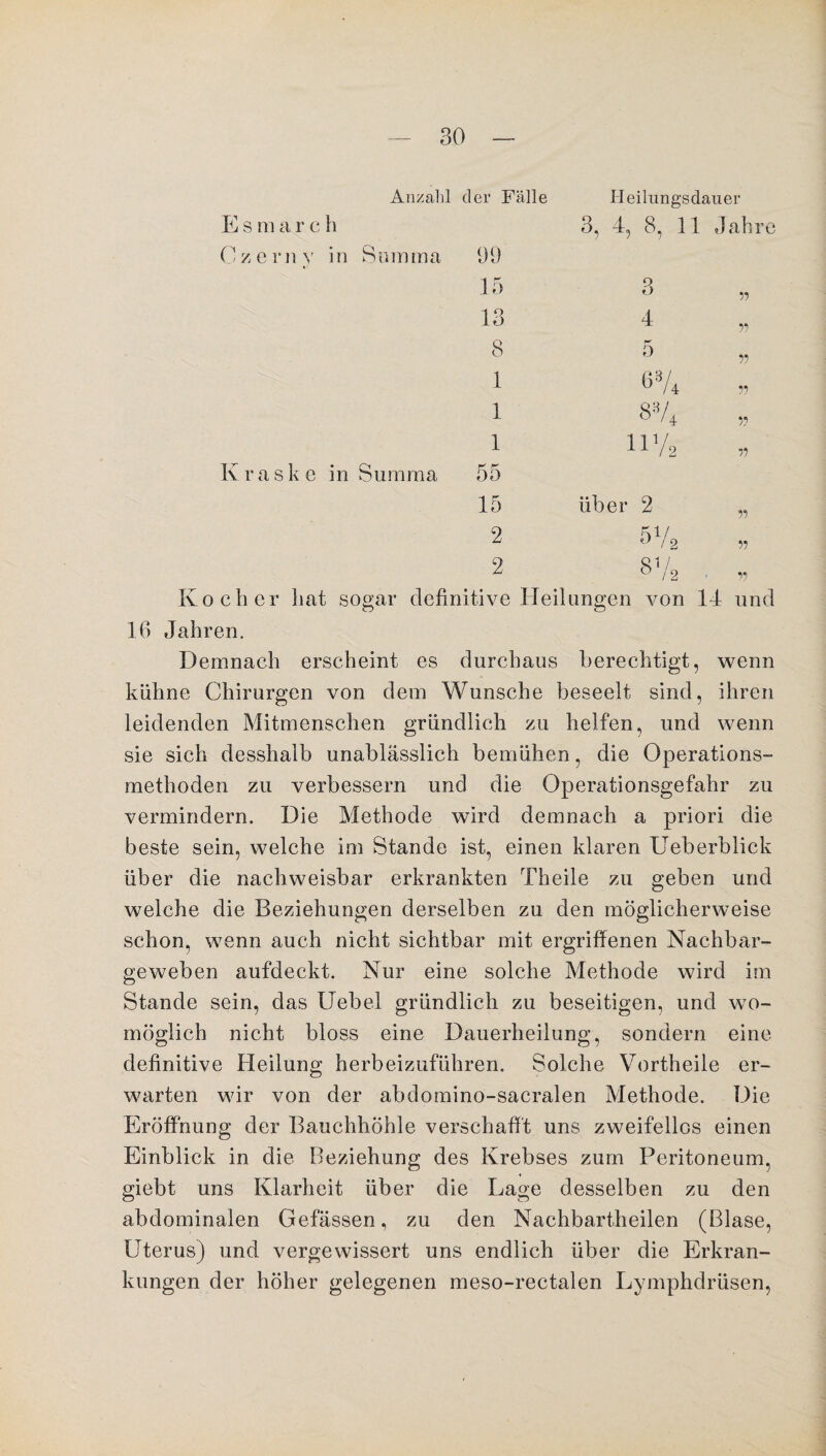 Anzahl der Fälle E s m a r c h Czerny in Summa 1)9 15 13 8 1 1 1 Iv ra s k e in Summa 55 15 2 2 Heilungsdauer 3, 4, 8, 11 Jahre 3 4 5 674 S74 11 Va 55 55 55 55 55 75 über 2 572 37a 55 55 55 Kocher hat sogar definitive Heilungen von 14 und IG Jahren. Demnach erscheint es durchaus berechtigt, wenn kühne Chirurgen von dem Wunsche beseelt sind, ihren leidenden Mitmenschen gründlich zu helfen, und wenn sie sich desshalb unablässlich bemühen, die Operations¬ methoden zu verbessern und die Operationsgefahr zu vermindern. Die Methode wird demnach a priori die beste sein, welche im Stande ist, einen klaren Ueberblick über die nachweisbar erkrankten Theile zu geben und welche die Beziehungen derselben zu den möglicherweise schon, wenn auch nicht sichtbar mit ergriffenen Nachbar¬ geweben aufdeckt. Nur eine solche Methode wird im Stande sein, das Uebel gründlich zu beseitigen, und wo¬ möglich nicht bloss eine Dauerheilung, sondern eine definitive Heilung herbeizuführen. Solche Vortheile er¬ warten wir von der abdomino-sacralen Methode. Die Eröffnung der Bauchhöhle verschafft uns zweifellos einen Einblick in die Beziehung des Krebses zum Peritoneum, giebt uns Klarheit über die Lage desselben zu den abdominalen Gefässen, zu den Nachbartheilen (Blase, Uterus) und vergewissert uns endlich über die Erkran¬ kungen der höher gelegenen meso-rectalen Lymphdrüsen,