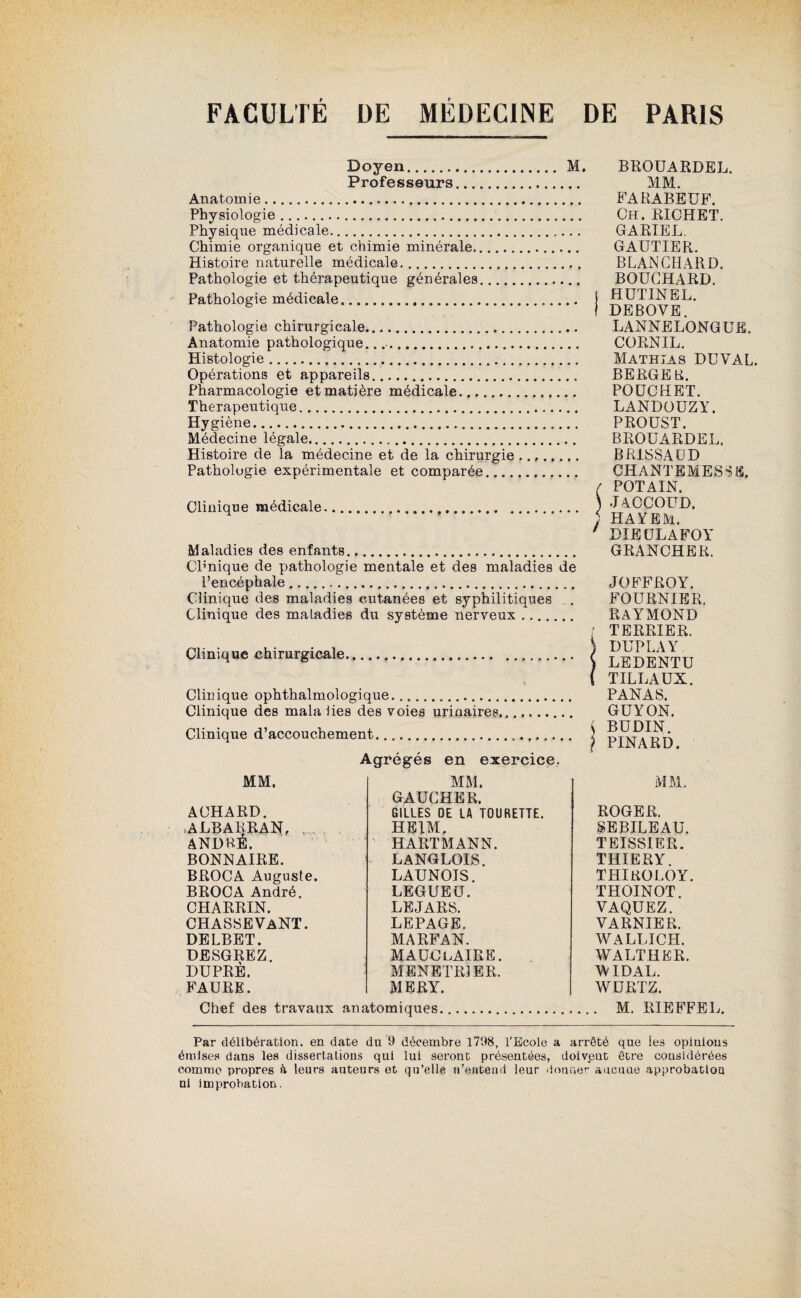 Doyen. M. Professeurs. BROUARDEL. MM. Anatomie. Physiologie. Physique médicale. Chimie organique et chimie minérale. Histoire naturelle médicale..... Pathologie et thérapeutique générales. Pathologie médicale... Pathologie chirurgicale... Anatomie pathologique.... Histologie.,. Opérations et appareils. Pharmacologie et matière médicale.. Thérapeutique. Hygiène. Médecine légale. Histoire de la médecine et de la chirurgie ..,. Pathologie expérimentale et comparée. Clinique médicale... Maladies des enfants. CPnique de pathologie mentale et des maladies de l’encéphale. Clinique des maladies cutanées et syphilitiques . Clinique des maladies du système nerveux. Clinique chirurgicale Clinique ophthalmologique. Clinique des mala iies des voies urinaires.,...... Clinique d’accouchement.. Agrégés en exercice. FARABEUF. Ch. RICHET. GARIEL. GAUTIER. BLANCHARD. BOUCHARD, j HUTINEL. < DEBOYE. LANNELONGUfî. CORNIL. Mathias DUYAL. BERGER. POUCHET. LANDOUZY. PROUST. BROUARDEL. B HISSA ÜD CHANTEMESSE. ( POTAIN. ) JACCOUD. } HA Y EM. ' DLEULAFOY GRANCHER. JOFFROY. FOURNIER. RAYMOND [ TERRIER. 5 DUP LA Y ) LEDENTU ( TILLAUX. PANAS. GUYON. { BUDIN. PINARD. MM. GAUCHER. GILLES DE LA TOURETTE. MM. ACHARD. XLBARRAN, _ ANDRE. BONNAIRE. BROCA Auguste. BROCA André. CHARRIN. CHASSE VANT. DELBET. DESGREZ. DUPRÈ. FAURE. HEIM. HARTMANN. LANGLOIS. LAUNOIS. LEGUEÜ. LEJARS. LEPAGE. MARFAN. MAÜOLAIRE. MENETRIER. MERY. MM. ROGER. SEBILEAU. TEISSIER. THIERY. THIROLOY. THOINOT. VAQUEZ. VARNIER. WALLICH. WALT H ER. WIDAL. WURTZ. Chef des travaux anatomiques M. RIEFFEL. Par délibération, en date du 9 décembre 1798, l'Ecole a arrêté que les opinions émises dans les dissertations qui lui seront présentées, doivent être considérées comme propres à leurs auteurs et qu’elle n’enteud leur donner aucune approbation ui improbation.