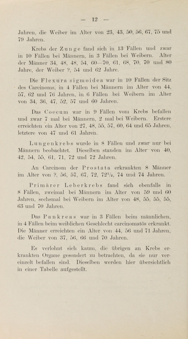 Jahren, die Weiher im 79 Jahren. Alter von 23, 43, 50, 56, 67, 75 und Krebs der Zunge fand sich in 13 Fällen und zwar in 10 Fällen bei Männern, in 3 Fällen bei Weibern. Alter der Männer 34, 48, 48, 54, 60—70, 61, 68, 70, 70 und 80 Jahre, der Weiber ?, 54 und 62 Jahre. Die Flexura sigmoidea war in 10 Fällen der Sitz des Carcinoms, in 4 Fällen bei Männern im Alter von 44, 57, 62 und 76 Jahren, in 6 Fällen bei Weibern im Alter von 34, 36, 47, 52, 57 und 60 Jahren. Das Coecum war in 9 Fällen vom Krebs befallen und zwar 7 mal bei Männern, 2 mal bei Weibern. Erstere erreichten ein Alter von 27, 48, 55, 57, 60, 64 und 65 Jahren, letztere von 47 und 61 Jahren. Lungenkreb s wurde in 8 Fällen und zwar nur bei Männern beobachtet. Dieselben standen im Alter von 40, 42, 54, 55, 61, 71, 72 und 72 Jahren. An Carcinom der Prostata erkrankten 8 Männer im Alter von ?, 56, 57, 67, 72, 72l/a, 74 und 74 Jahren. Primärer Leberkrebs fand sich ebenfalls in 8 Fällen, zweimal bei Männern im Alter von 59 und 60 Jahren, sechsmal bei Weibern im Alter von 48, 55, 55, 55, 63 und 70 Jahren. Das Pankreas war in 3 Fällen beim männlichen, in 4 Fällen beim weiblichen Geschlecht carcinomatös erkrankt. Die Männer erreichten ein Alter von 44, 56 und 71 Jahren, die Weiber von 37, 56, 66 und 70 Jahren. Es verlohnt sich kaum, die übrigen an Krebs er¬ krankten Organe gesondert zu betrachten, da sie nur ver¬ einzelt befallen sind. Dieselben werden hier übersichtlich in einer Tabelle auf gestellt.