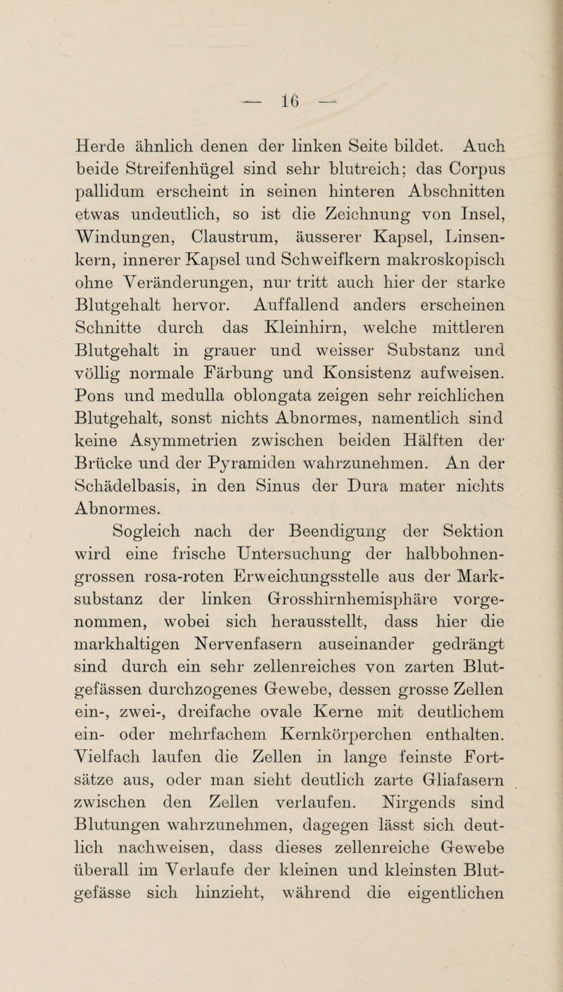 Herde ähnlich denen der linken Seite bildet. Auch beide Streifenhügel sind sehr blutreich; das Corpus pallidum erscheint in seinen hinteren Abschnitten etwas undeutlich, so ist die Zeichnung von Insel, Windungen, Claustrum, äusserer Kapsel, Linsen¬ kern, innerer Kapsel und Schweifkern makroskopisch ohne Veränderungen, nur tritt auch hier der starke Blutgehalt hervor. Auffallend anders erscheinen Schnitte durch das Kleinhirn, welche mittleren Blutgehalt in grauer und weisser Substanz und völlig normale Färbung und Konsistenz auf weisen. Pons und medulla oblongata zeigen sehr reichlichen Blutgehalt, sonst nichts Abnormes, namentlich sind keine Asymmetrien zwischen beiden Hälften der Brücke und der Pyramiden wahrzunehmen. An der Schädelbasis, in den Sinus der Dura mater nichts Abnormes. Sogleich nach der Beendigung der Sektion wird eine frische Untersuchung der halb bohnen¬ grossen rosa-roten Erweichungsstelle aus der Mark¬ substanz der linken Grosshirnhemisphäre vorge¬ nommen, wobei sich herausstellt, dass hier die markhaltigen Nervenfasern auseinander gedrängt sind durch ein sehr zellenreiches von zarten Blut¬ gefässen durchzogenes Gewebe, dessen grosse Zellen ein-, zwei-, dreifache ovale Kerne mit deutlichem ein- oder mehrfachem Kernkörperchen enthalten. Vielfach laufen die Zellen in lange feinste Fort¬ sätze aus, oder man sieht deutlich zarte Gliafasern zwischen den Zellen verlaufen. Nirgends sind Blutungen wahrzunehmen, dagegen lässt sich deut¬ lich nachweisen, dass dieses zellenreiche Gewebe überall im Verlaufe der kleinen und kleinsten Blut¬ gefässe sich hinzieht, während die eigentlichen