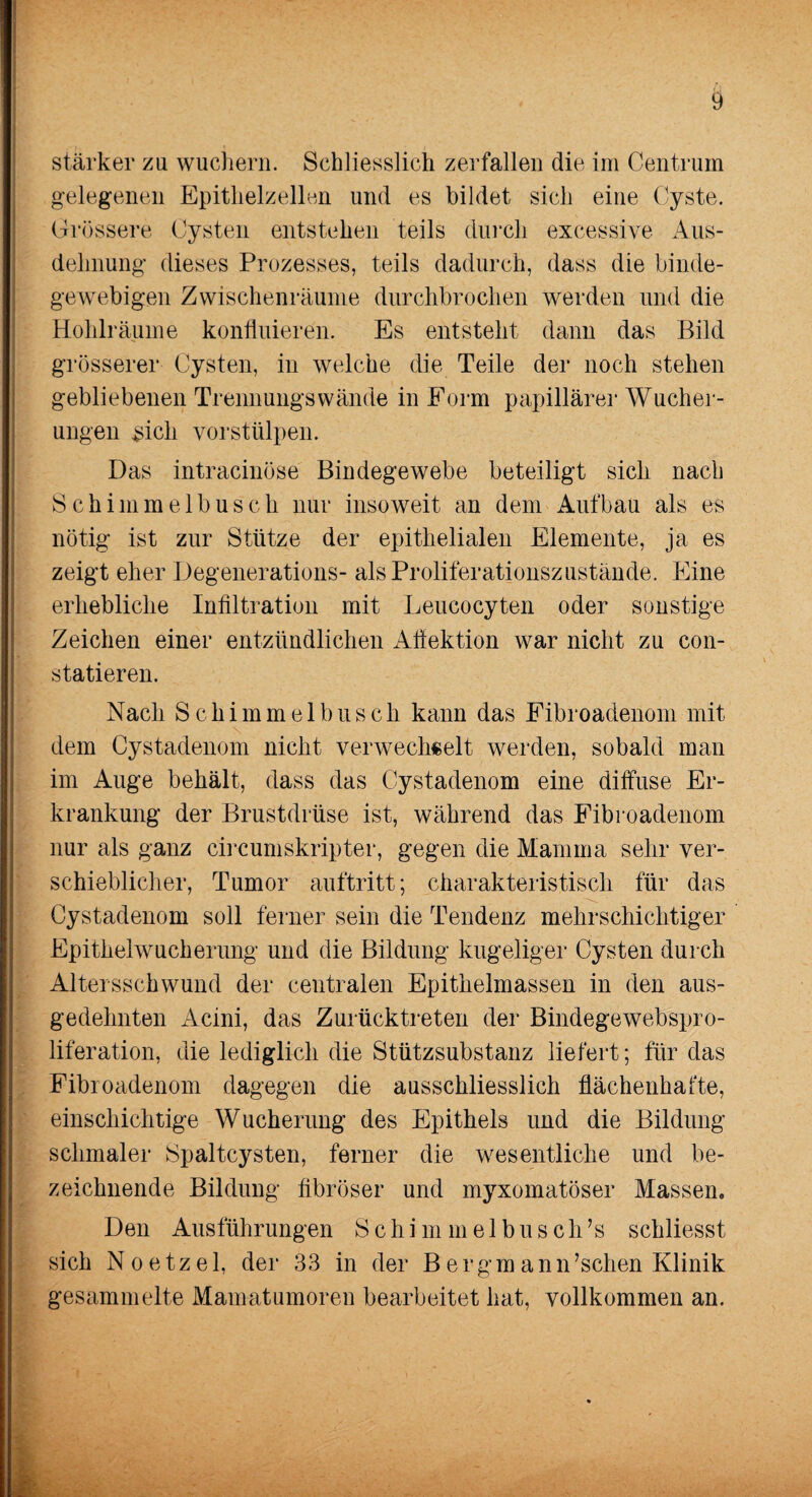 stärker zu wuchern. Schliesslich zerfallen die im Centrum gelegenen Epithelzellen und es bildet sich eine Cyste. Grössere Cysten entstehen teils durch excessive Aus¬ dehnung dieses Prozesses, teils dadurch, dass die binde¬ gewebigen Zwischenräume durchbrochen werden und die Hohlräume konfluieren. Es entstellt dann das Bild grösserer Cysten, in welche die Teile der noch stehen gebliebenen Trennungswände in Form papillärer Wucher¬ ungen £ich vor stülpen. Das intracinöse Bindegewebe beteiligt sich nach Schimmelbusch nur insoweit an dem Aufbau als es nötig ist zur Stütze der epithelialen Elemente, ja es zeigt eher Degenerations- als Proliferationszustände. Eine erhebliche Infiltration mit Leucocyten oder sonstige Zeichen einer entzündlichen Afiektion war nicht zu con- statieren. Nach Schimmel husch kann das Fibroadenom mit dem Cystadenom nicht verwechselt werden, sobald man im Auge behält, dass das Cystadenom eine diffuse Er¬ krankung der Brustdrüse ist, während das Fibroadenom nur als ganz cireumskripter, gegen die Mamma sehr ver¬ schieblicher, Tumor auftritt; charakteristisch für das Cystadenom soll ferner sein die Tendenz mehrschichtiger Epithelwucherung und die Bildung kugeliger Cysten durch Altersschwund der centralen Epithelmassen in den aus¬ gedehnten Acini, das Zurücktreten der Bindegewebspro- liferation, die lediglich die Stützsubstanz liefert; für das Fibroadenom dagegen die ausschliesslich flächenhafte, einschichtige Wucherung des Epithels und die Bildung schmaler Spaltcysten, ferner die wesentliche und be¬ zeichnende Bildung fibröser und myxomatöser Massen. Den Ausführungen Schimmel husch’s schliesst sich Noetzel, der 33 in der B er gm ann’schen Klinik gesammelte Mamatumoren bearbeitet hat, vollkommen an.