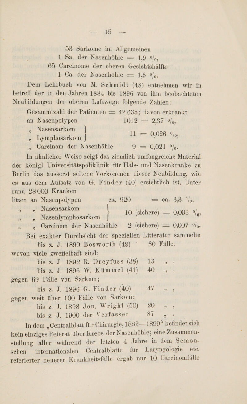 53 Sarkome im Allgemeinen 1 Sa. der Nasenhöhle — 1,9 °/0, 65 Carcinome der oberen Gesichtshälfte 1 Ca. der Nasenhöhle = 1,5 °/0. Dem Lehrbuch von M. Schmidt (48) entnehmen wir in betreff der in den Jahren 1884 bis 1896 von ihm beobachteten Neubildungen der oberen Luftwege folgende Zahlen: Gesammtzahl der Patienten = 42 635; davon erkrankt an Nasenpolypen 1012 = 2,37 °/0, Nasensarkom 11 = 0,026 o/o. 55 55 Lymphosarkom Carcinom der Nasenhöhle „ ^ 9 = 0,021 o/o. ln ähnlicher Weise zeigt das ziemlich umfangreiche Material der königl. Universitätspoliklinik für Hals- und Nasenkranke zu Berlin das äusserst seltene Vorkommen dieser Neubildung, wie es aus dem Aufsatz von G. Finder (40) ersichtlich ist. Unter rund 28 000 Kranken litten an Nasenpolypen ca. 920 = ca. 3,3 °/0, ” 10 sichere) = 0,036 °/0, „ Nasenlymphosarkom „ Carcinom der Nasenhöhle 2 (sichere) = 0,007 °/o- Bei exakter Durchsicht der speciellen Litteratur sammelte 55 n bis z. J. 1890 Bosworth (49) wovon viele zweifelhaft sind; bis z. J. 1892 R. Dreyfuss (38) bis z. J. 1896 W. Kümmel (41) gegen 69 Fälle von Sarkom; bis z. J. 1896 G. Finder (40) gegen weit über 100 Fälle von Sarkom; bis z. J. 1898 Jon. Wright (50) bis z. J. 1900 der Verfasser 30 Fälle, 13 40 47 20 87 55 55 55 55 In dem „Centralblatt für Chirurgie, 1882—1899“ befindet sich kein einziges Referat über Krebs der Nasenhöhle; eine Zusammen¬ stellung aller während der letzten 4 Jahre in dem Semon- schen internationalen Centralblatte für Laryngologie etc. referierter neuerer Krankheitsfälle ergab nui 10 Carcinomfälle