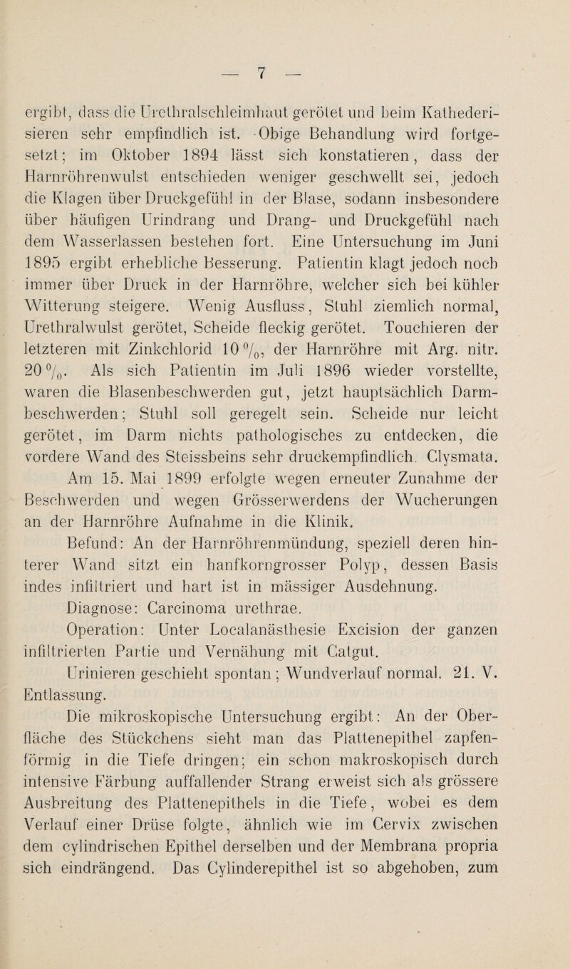 ergibt, dass die Urethralschleimhaut gerötet und beim Kathederi- sieren sehr empfindlich ist. Obige Behandlung wird fortge¬ setzt; im Oktober 1894 lässt sich konstatieren, dass der Harnröhrenwulst entschieden weniger geschwellt sei, jedoch die Klagen über Druckgefühl in der Blase, sodann insbesondere über häufigen Urindrang und Drang- und Druckgefühl nach dem Wasserlassen bestehen fort. Eine Untersuchung im Juni 1895 ergibt erhebliche Besserung. Patientin klagt jedoch noch immer über Druck in der Harnröhre, welcher sich bei kühler Witterung steigere. Wenig Ausfluss, Stuhl ziemlich normal, Urethralwulst gerötet, Scheide fleckig gerötet, Touchieren der letzteren mit Zinkchlorid 10 °/0, der Harnröhre mit Arg. nitr. 20°/0- Als sich Patientin im Juli 1896 wieder vorstellte, waren die Blasenbeschwerden gut, jetzt hauptsächlich Darm¬ beschwerden; Stuhl soll geregelt sein. Scheide nur leicht gerötet, im Darm nichts pathologisches zu entdecken, die vordere Wand des Steissbeins sehr druckempfindlich. Clysmata. Am 15. Mai 1899 erfolgte wegen erneuter Zunahme der Beschwerden und wegen Grösserwerdens der Wucherungen an der Harnröhre Aufnahme in die Klinik. Befund: An der Harnröhrenmündung, speziell deren hin¬ terer Wand sitzt ein hanfkorngrosser Polyp, dessen Basis indes infiltriert und hart ist in mässiger Ausdehnung. Diagnose: Carcinoma urethrae. Operation: Unter Localanästhesie Excision der ganzen infiltrierten Partie und Vernähung mit Catgut, Urinieren geschieht spontan ; Wundverlauf normal. 21. V. Entlassung. Die mikroskopische Untersuchung ergibt: An der Ober¬ fläche des Stückchens sieht man das Plattenepithel zapfen¬ förmig in die Tiefe dringen; ein schon makroskopisch durch intensive Färbung auffallender Strang erweist sich als grössere Ausbreitung des Plattenepithels in die Tiefe, wobei es dem Verlauf einer Drüse folgte, ähnlich wie im Cervix zwischen dem cylindrischen Epithel derselben und der Membrana propria sich eindrängend. Das Cylinderepithel ist so abgehoben, zum