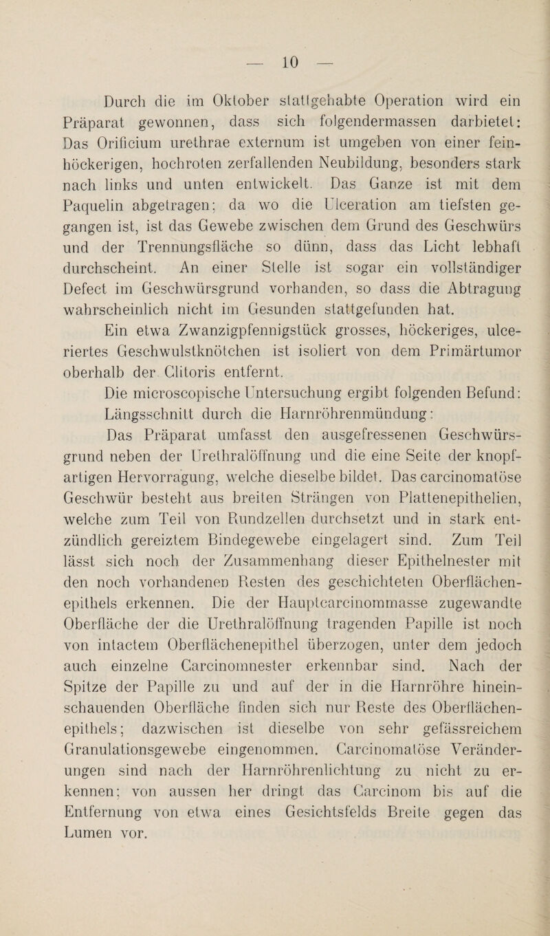 Durch die im Oktober statt gehabte Operation wird ein Präparat gewonnen, dass sich folgendermassen darbietet: Das Orificium urethrae externum ist umgeben von einer fein¬ höckerigen, hochroten zerfallenden Neubildung, besonders stark nach links und unten entwickelt. Das Ganze ist mit dem Paquelin abgetragen; da wo die Ulceration am tiefsten ge¬ gangen ist, ist das Gewebe zwischen dem Grund des Geschwürs und der Trennungsfläche so dünn, dass das Licht lebhaft durchscheint. An einer Stelle ist sogar ein vollständiger Defect im Geschwürsgrund vorhanden, so dass die Abtragung wahrscheinlich nicht im Gesunden stattgefunden hat. Ein etwa Zwanzigpfennigstück grosses, höckeriges, ulce- riertes Geschwulstknötchen ist isoliert von dem Primärtumor oberhalb der Glitoris entfernt. Die microscopische Untersuchung ergibt folgenden Befund: Längsschnitt durch die Harnröhrenmündung: Das Präparat umfasst den ausgefressenen Geschwürs¬ grund neben der Urethral Öffnung und die eine Seite der knopf¬ artigen Hervorragung, welche dieselbe bildet. Das carcinomatöse Geschwür besteht aus breiten Strängen von Plattenepithelien, welche zum Teil von Rundzellen durchsetzt und in stark ent¬ zündlich gereiztem Bindegewebe eingelagert sind. Zum Teil lässt sich noch der Zusammenhang dieser Epithelnester mit den noch vorhandenen Resten des geschichteten Oberflächen¬ epithels erkennen. Die der Hauptearcinommasse zugewandte Oberfläche der die Urethralöffnung tragenden Papille ist noch von intactem Oberflächenepithel überzogen, unter dem jedoch auch einzelne Carcinomnester erkennbar sind. Nach der Spitze der Papille zu und auf der in die Harnröhre hinein¬ schauenden Oberfläche finden sich nur Reste des Oberflächen¬ epithels; dazwischen ist dieselbe von sehr gefässreichem Granulationsgewebe eingenommen. Carcinomatöse Veränder¬ ungen sind nach der Harnröhrenlichtung zu nicht zu er¬ kennen; von aussen her dringt das Garcinom bis auf die Entfernung von etwa eines Gesichtsfelds Breite gegen das Lumen vor.
