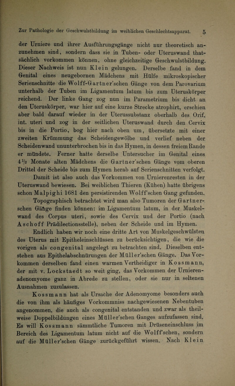 der Urniere und ihrer Ausführungsgänge nicht nur theoretisch an¬ zunehmen sind, sondern dass sie in Tuben- oder Uteruswand that- sächlich Vorkommen können, ohne gleichzeitige Geschwulstbildung. Dieser Nachweis ist nun Klein gelungen. Derselbe fand in dem Genital eines neugebornen Mädchens mit Hülfe mikroskopischer Serienschnitte die Wolff-Gartner’schen Gänge von dem Parovarium unterhalb der Tuben im Ligamentum latum bis zum Uteruskörper reichend. Der linke Gang zog nun im Parametrium bis dicht an den Uteruskörper, war hier auf eine kurze Strecke atrophirt, erschien aber bald darauf wieder in der Uterussubstanz oberhalb des Orif. int. uteri und zog in der seitlichen Uteruswand durch den Cervix bis in die Portio, bog hier nach oben um, übersetzte mit einer zweiten Krümmung das Scheidengewölbe und verlief neben der Scheidenwand ununterbrochen bis in das Hymen, in dessen freiem Rande er mündete. Ferner hatte derselbe Untersucher im Genital eines 41/2 Monate alten Mädchens die Gartner’schen Gänge vom oberen Drittel der Scheide bis zum Hymen herab auf Serienschnitten verfolgt. Damit ist also auch das Vorkommen von Urnierenresten in der Uteruswand bewiesen. Bei weiblichen Thieren (Kühen) hatte übrigens schon Malpighi 1681 den persistirenden Wolffschen Gang gefunden. Topographisch betrachtet wird man also Tumoren der Gartner¬ sehen Gäfige finden können: im Ligamentum latum, in der Muskel¬ wand des Corpus uteri, sowie des Cervix und der Portio (nach Aschoff Prädilectionsstelle), neben der Scheide und im Hymen. Endlich haben wir noch eine dritte Art von Muskelgeschwülsten des Uterus mit Epitheleinschlüssen zu berücksichtigen, die wie die vorigen als congenital angelegt zu betrachten sind. Dieselben ent¬ stehen aus Epithelabschnürungen der Müller’schen Gänge. Das Vor¬ kommen derselben fand einen warmen Vertheidiger in Kossmann, der mit v. Lockstaedt so weit ging, das Vorkommen der Urnieren- adenomyome ganz in Abrede zu stellen, oder sie nur in seltenen Ausnahmen zuzulassen. Kossmann hat als Ursache der Adenomyome besonders auch die von ihm als häufiges Vorkommniss nachgewiesenen Nebentuben angenommen, die auch als congenital entstanden und zwar als theil- weise Doppelbildungen eines Müller’schen Ganges aufzufassen sind. Es will Kossmann sämmtliche Tumoren mit Drüseneinschluss im Bereich des Ligamentum latum nicht auf die Wolffschen, sondern auf die Müller’schen Gänge zurückgeführt wissen. Nach Klein
