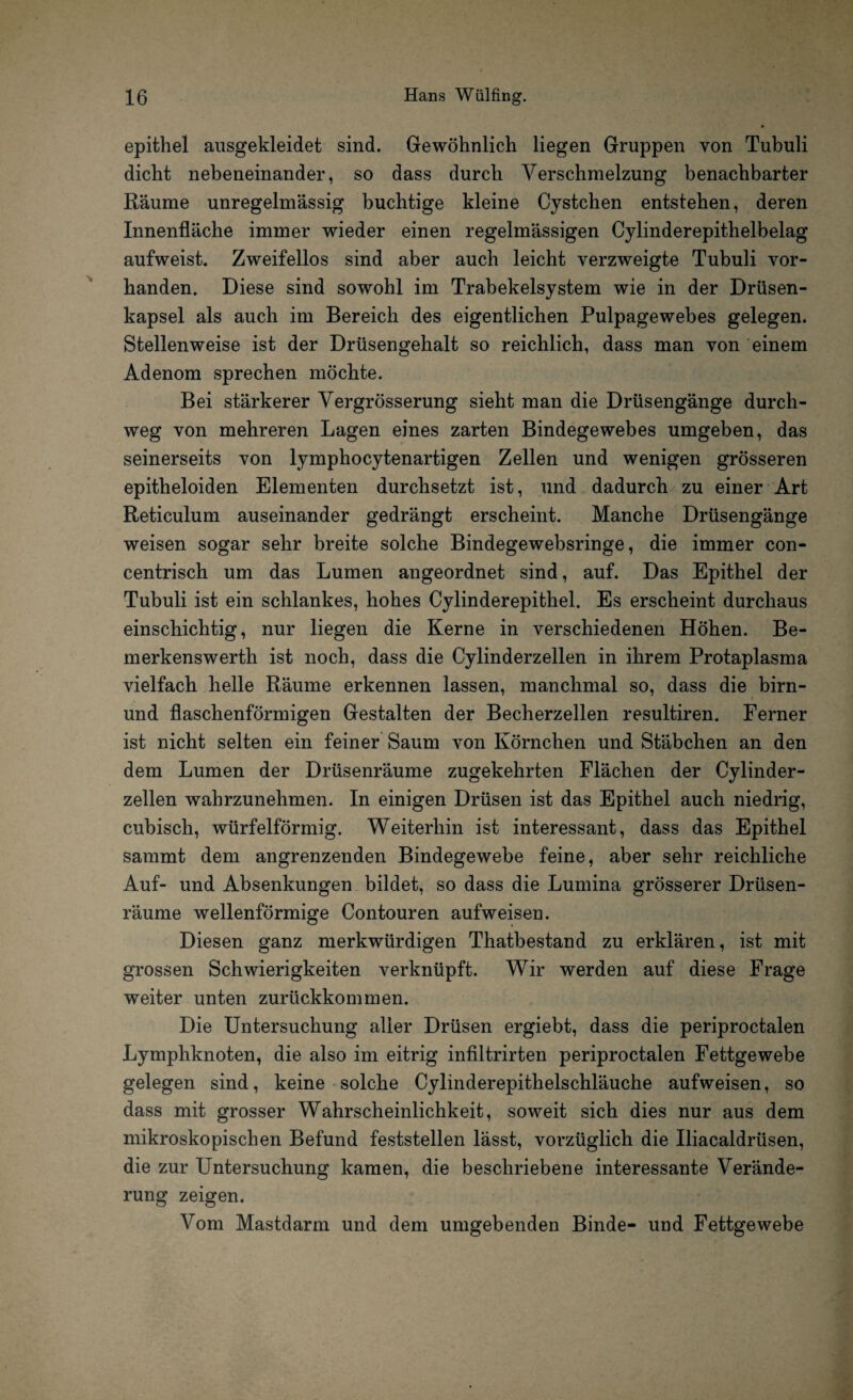 epithel ausgekleidet sind. Gewöhnlich liegen Gruppen von Tubuli dicht nebeneinander, so dass durch Verschmelzung benachbarter Räume unregelmässig buchtige kleine Cystchen entstehen, deren Innenfläche immer wieder einen regelmässigen Cylinderepithelbelag aufweist. Zweifellos sind aber auch leicht verzweigte Tubuli vor¬ handen. Diese sind sowohl im Trabekelsystem wie in der Drüsen¬ kapsel als auch im Bereich des eigentlichen Pulpagewebes gelegen. Stellenweise ist der Drüsengehalt so reichlich, dass man von einem Adenom sprechen möchte. Bei stärkerer Vergrösserung sieht man die Drüsengänge durch¬ weg von mehreren Lagen eines zarten Bindegewebes umgeben, das seinerseits von lymphocytenartigen Zellen und wenigen grösseren epitheloiden Elementen durchsetzt ist, und dadurch zu einer Art Reticulum auseinander gedrängt erscheint. Manche Drüsengänge weisen sogar sehr breite solche Bindegewebsringe, die immer con- centrisch um das Lumen angeordnet sind, auf. Das Epithel der Tubuli ist ein schlankes, hohes Cylinderepithel. Es erscheint durchaus einschichtig, nur liegen die Kerne in verschiedenen Höhen. Be¬ merkenswerth ist noch, dass die Cylinderzellen in ihrem Protaplasma vielfach helle Räume erkennen lassen, manchmal so, dass die birn- und flaschenförmigen Gestalten der Becherzellen resultiren. Ferner ist nicht selten ein feiner Saum von Körnchen und Stäbchen an den dem Lumen der Drüsenräume zugekehrten Flächen der Cylinder¬ zellen wahrzunehmen. In einigen Drüsen ist das Epithel auch niedrig, cubisch, würfelförmig. Weiterhin ist interessant, dass das Epithel sammt dem angrenzenden Bindegewebe feine, aber sehr reichliche Auf- und Absenkungen bildet, so dass die Lumina grösserer Drüsen¬ räume wellenförmige Contouren aufweisen. Diesen ganz merkwürdigen Thatbestand zu erklären, ist mit grossen Schwierigkeiten verknüpft. Wir werden auf diese Frage weiter unten zurückkommen. Die Untersuchung aller Drüsen ergiebt, dass die periproctalen Lymphknoten, die also im eitrig infiltrirten periproctalen Fettgewebe gelegen sind, keine solche Cylinderepithelschläuche aufweisen, so dass mit grosser Wahrscheinlichkeit, soweit sich dies nur aus dem mikroskopischen Befund feststellen lässt, vorzüglich die Iliacaldrüsen, die zur Untersuchung kamen, die beschriebene interessante Verände¬ rung zeigen. Vom Mastdarm und dem umgebenden Binde- und Fettgewebe