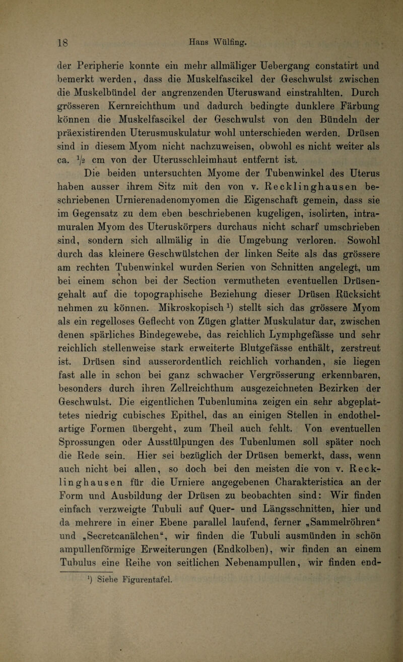 der Peripherie konnte ein mehr allmäliger Uebergang constatirt und bemerkt werden, dass die Muskelfascikel der Geschwulst zwischen die Muskelbündel der angrenzenden Uteruswand einstrahlten. Durch grösseren Kernreichthum und dadurch bedingte dunklere Färbung können die Muskelfascikel der Geschwulst von den Bündeln der präexistirenden Uterusmuskulatur wohl unterschieden werden. Drüsen sind in diesem Myom nicht nachzuweisen, obwohl es nicht weiter als ca. 1I‘2 cm von der Uterusschleimhaut entfernt ist. Die beiden untersuchten Myome der Tubenwinkel des Uterus haben ausser ihrem Sitz mit den von v. Recklinghausen be¬ schriebenen Urnierenadenomyomen die Eigenschaft gemein, dass sie im Gegensatz zu dem eben beschriebenen kugeligen, isolirten, intra¬ muralen Myom des Uteruskörpers durchaus nicht scharf umschrieben sind, sondern sich allmälig in die Umgebung verloren. Sowohl durch das kleinere Geschwülstchen der linken Seite als das grössere am rechten Tubenwinkel wurden Serien von Schnitten angelegt, um bei einem schon bei der Section vermutheten eventuellen Drüsen¬ gehalt auf die topographische Beziehung dieser Drüsen Rücksicht nehmen zu können. Mikroskopisch x) stellt sich das grössere Myom als ein regelloses Geflecht von Zügen glatter Muskulatur dar, zwischen denen spärliches Bindegewebe, das reichlich Lymphgefässe und sehr reichlich stellenweise stark erweiterte Blutgefässe enthält, zerstreut ist. Drüsen sind ausserordentlich reichlich vorhanden, sie liegen fast alle in schon bei ganz schwacher Vergrösserung erkennbaren, besonders durch ihren Zellreichthum ausgezeichneten Bezirken der Geschwulst. Die eigentlichen Tubenlumina zeigen ein sehr abgeplat¬ tetes niedrig cubisches Epithel, das an einigen Stellen in endothel¬ artige Formen übergeht, zum Theil auch fehlt. Von eventuellen Sprossungen oder Ausstülpungen des Tubenlumen soll später noch die Rede sein. Hier sei bezüglich der Drüsen bemerkt, dass, wenn auch nicht bei allen, so doch bei den meisten die von v. Reck¬ linghausen für die Urniere angegebenen Charakteristica an der Form und Ausbildung der Drüsen zu beobachten sind: Wir finden einfach verzweigte Tubuli auf Quer- und Längsschnitten, hier und da mehrere in einer Ebene parallel laufend, ferner „Sammelröhren“ und „Secretcanälchen“, wir finden die Tubuli ausmünden in schön ampullenförmige Erweiterungen (Endkolben), wir finden an einem Tubulus eine Reihe von seitlichen Nebenampullen, wir finden end-