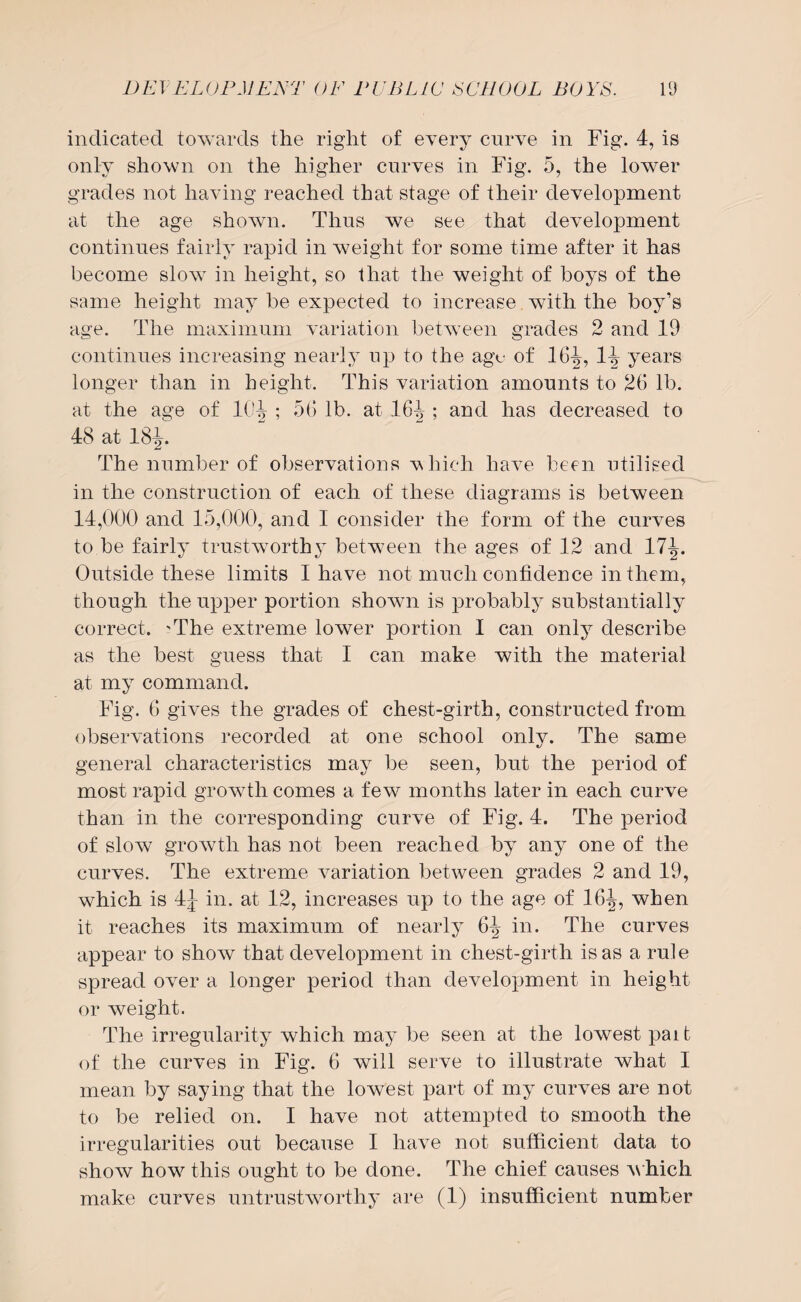 indicated towards the right of every curve in Fig. 4, is only shown on the higher curves in Fig. 5, the lower grades not having reached that stage of their development at the age shown. Thus we see that development continues fairly rapid in weight for some time after it has become slow in height, so that the weight of boys of the same height may be expected to increase with the boy’s age. The maximum variation between grades 2 and 19 continues increasing nearly up to the agv of 16^, 1^ years longer than in height. This variation amounts to 26 lb. at the age of 10^ ; 56 lb. at 16^ ; and has decreased to 48 at 18J. The number of observations which have been utilised in the construction of each of these diagrams is between 14,000 and 15,000, and I consider the form of the curves to be fairly trustworthy between the ages of 12 and 17^. Outside these limits I have not much confidence in them, though the upper portion shown is probably substantially correct. 'The extreme lower portion I can only describe as the best guess that I can make with the material at my command. Fig. 6 gives the grades of chest-girth, constructed from observations recorded at one school only. The same general characteristics may be seen, but the period of most rapid growth comes a few months later in each curve than in the corresponding curve of Fig. 4. The period of slow growth has not been reached by any one of the curves. The extreme variation between grades 2 and 19, which is 4J in. at 12, increases up to the age of 16^, when it reaches its maximum of nearly 6^ in. The curves appear to show that development in chest-girth is as a rule spread over a longer period than development in height or weight. The irregularity which may be seen at the lowest pai t of the curves in Fig. 6 will serve to illustrate what I mean by saying that the lowest part of my curves are not to be relied on. I have not attempted to smooth the irregularities out because I have not sufficient data to show how this ought to be done. The chief causes which make curves untrustworthy are (1) insufficient number