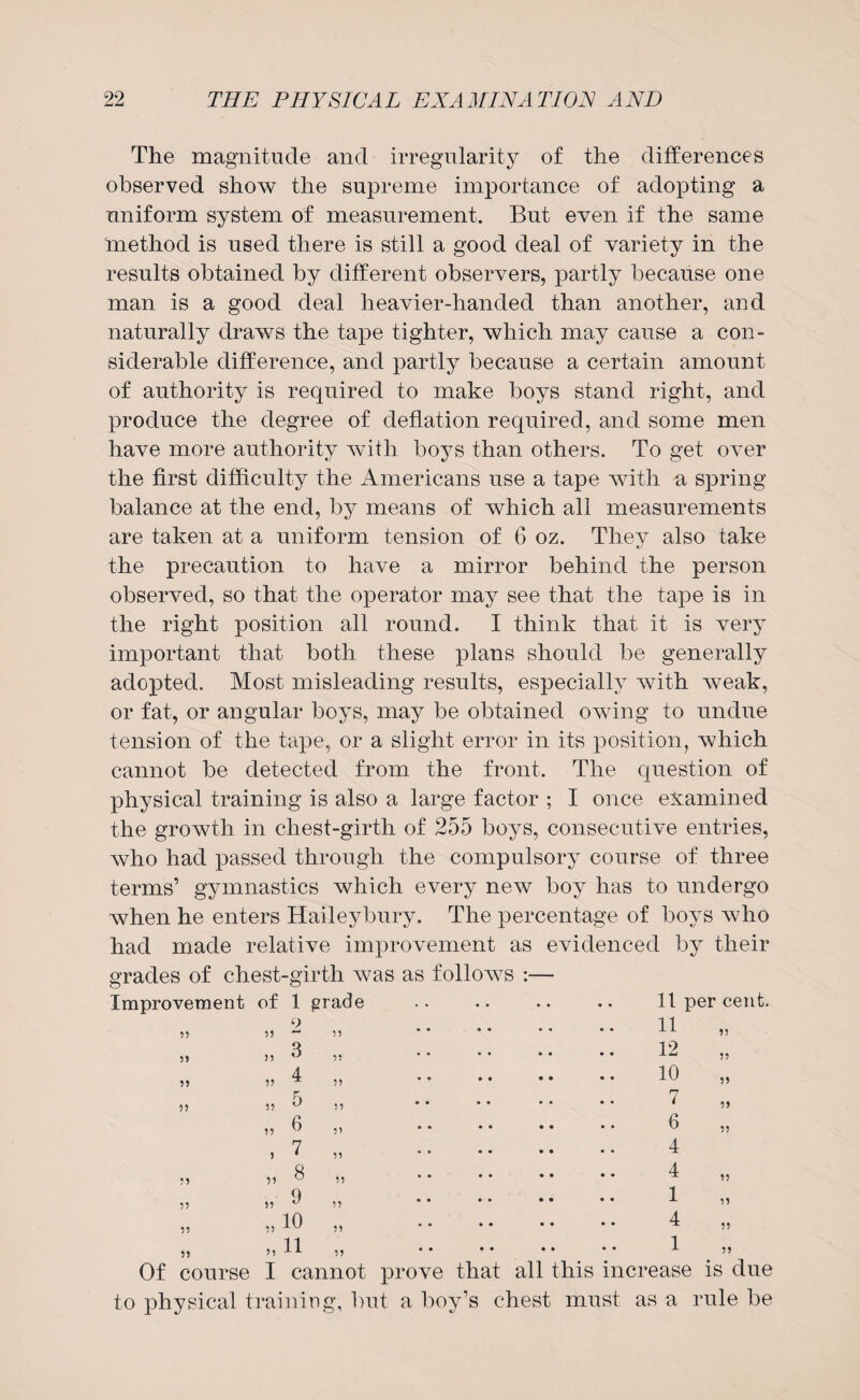 The magnitude and irregularity of the differences observed show the supreme importance of adopting a uniform system of measurement. But even if the same method is used there is still a good deal of variety in the results obtained by different observers, partly because one man is a good deal heavier-handed than another, and naturally draws the tape tighter, which may cause a con¬ siderable difference, and partly because a certain amount of authority is required to make boys stand right, and produce the degree of deflation required, and some men have more authority with boys than others. To get over the first difficulty the Americans use a tape with a spring balance at the end, by means of which all measurements are taken at a uniform tension of 6 oz. They also take the precaution to have a mirror behind the person observed, so that the operator may see that the tape is in the right position all round. I think that it is very important that both these plans should be generally adopted. Most misleading results, especially with weak, or fat, or angular boys, may be obtained owing to undue tension of the tape, or a slight error in its position, which cannot be detected from the front. The question of physical training is also a large factor ; I once examined the growth in chest-girth of 255 boys, consecutive entries, who had passed through the compulsory course of three terms’ gymnastics which every new boy has to undergo when he enters Haileybury. The percentage of boys who had made relative improvement as evidenced by their grades of chest-girth was as follows :— Improvement of 1 grade 11 per cent. 99 99 2 99 11 99 99 99 3 99 12 99 99 99 4 99 10 99 99 99 5 99 7 99 99 6 9> 6 99 9 7 99 4 99 99 8 99 4 99 99 99 9 99 1 99 99 99 10 99 4 99 99 99 11 99 • • • • • • 1 99 Of course I cannot prove that all this increase is due to physical training, but a boy’s chest must as a rule be