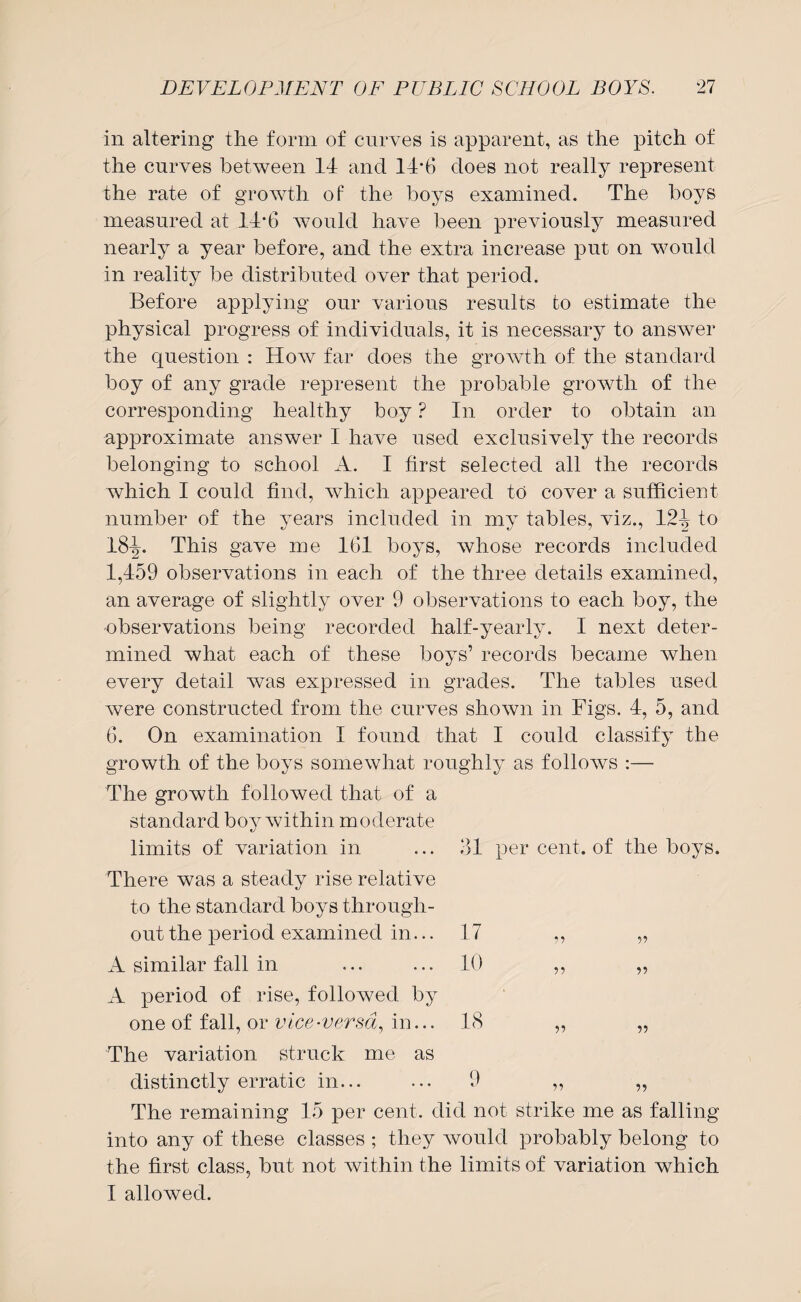 in altering the form of curves is apparent, as the pitch of the curves between 14 and 14*6 does not really represent the rate of growth of the boys examined. The boys measured at 14’6 would have been previously measured nearly a year before, and the extra increase put on would in reality be distributed over that period. Before applying our various results to estimate the physical progress of individuals, it is necessary to answer the question : How far does the growth of the standard boy of any grade represent the probable growth of the corresponding healthy boy ? In order to obtain an approximate answer I have used exclusively the records belonging to school A. I first selected all the records which I could find, which appeared to cover a sufficient number of the years included in my tables, viz., 124 to 18^. This gave me 161 boys, whose records included 1,459 observations in each of the three details examined, an average of slightly over 9 observations to each boy, the •observations being recorded half-yearly. I next deter¬ mined what each of these boys’ records became when every detail was expressed in grades. The tables used were constructed from the curves shown in Figs. 4, 5, and 6. On examination I found that I could classify the growth of the boys somewhat roughly as follows :— The growth followed that of a standard boy within moderate limits of variation in ... 31 per cent, of the boys. There was a steady rise relative to the standard boys through¬ out the period examined in... 17 ,, „ A similar fall in ... ... 10 ,, „ A period of rise, folloAved by one of fall, or vice-versa, in... 18 The variation struck me as distinctly erratic in... ... 9 „ „ The remaining 15 per cent, did not strike me as falling into any of these classes ; they Avould probably belong to the first class, but not within the limits of variation which I allowed.