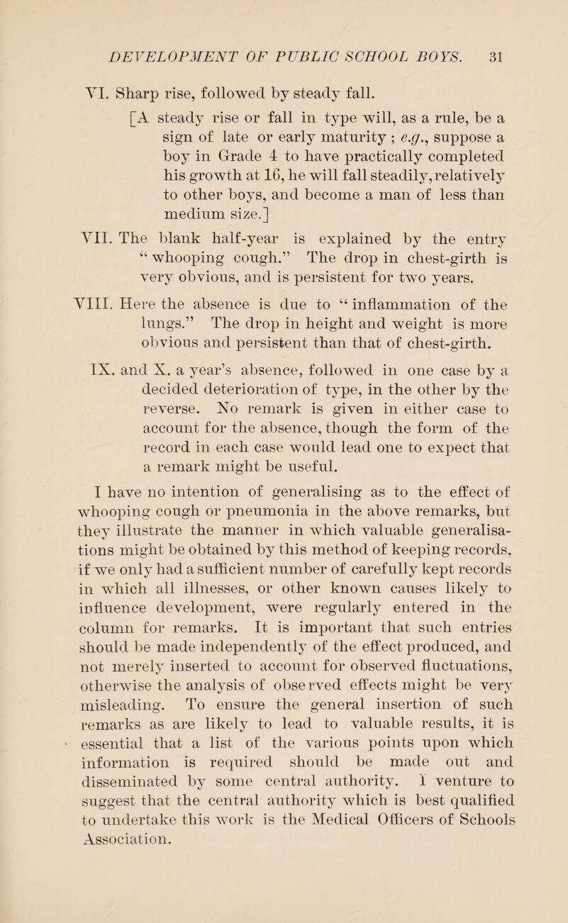 YI. Sharp rise, followed by steady fall. [A steady rise or fall in type will, as a rule, be a sign of late or early maturity ; e.g., suppose a boy in Grade 4 to have practically completed his growth at 16, he will fall steadily,relatively to other boys, and become a man of less than medium size.] VII. The blank half-year is explained by the entry 44 whooping cough.” The drop in chest-girth is very obvious, and is persistent for two years. VIII. Here the absence is due to 44 inflammation of the lungs.” The drop in height and weight is more obvious and persistent than that of chest-girth. IX. and X. a year’s absence, followed in one case by a decided deterioration of type, in the other by the reverse. No remark is given in either case to account for the absence, though the form of the record in each case would lead one to expect that a remark might be useful. I have no intention of generalising as to the effect of whooping cough or pneumonia in the above remarks, but they illustrate the manner in Avhich valuable generalisa¬ tions might be obtained by this method of keeping records, if we only had a sufficient number of carefully kept records in which all illnesses, or other known causes likely to influence development, were regularly entered in the column for remarks. It is important that such entries should be made independently of the effect produced, and not merely inserted to account for observed fluctuations, otherwise the analysis of observed effects might be very misleading. To ensure the general insertion of such remarks as are likely to lead to valuable results, it is * essential that a list of the various points upon which information is required should be made out and disseminated by some central authority. 1 venture to suggest that the central authority which is best qualified to undertake this work is the Medical Officers of Schools Association.