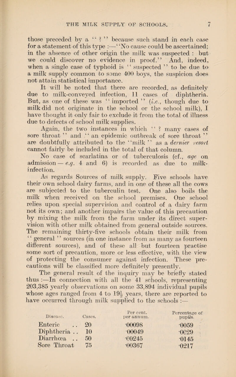 those preceded by a “ ? ” because such stand in each case for a statement of this type :—‘No cause could be ascertained; in the absence of other origin the milk was suspected : but we could discover no evidence in proof.” And, indeed, when a single case of typhoid is “ suspected ” to be due to a milk supply common to some 400 boys, the suspicion does not attain statistical importance. It will be noted that there are recorded, as definitely due to milk-conveyed infection, 11 cases of diphtheria. But, as one of these was “ imported ” (i.e., though due to milk did not originate in the school or the school milk), I have thought it only fair to exclude it from the total of illness due to defects of school milk supplies. Again, the two instances in which “ ? many cases of sore throat ” and “ an epidemic outbreak of sore throat ” are doubtfully attributed to the “milk ” as a dernier resort cannot fairly be included in the total of that column. No case of scarlatina or of tuberculosis (of., cige on admission—e.g. 4 and 6) is recorded as due to milk- infection. As regards Sources of milk supply. Five schools have their own school dairy farms, and in one of these all the cows are subjected to the tuberculin test. One also boils the milk when received on the school premises. One school relies upon special supervision and control of a dairy farm not its own; and another impairs the value of this precaution by mixing the milk from the farm under its direct super¬ vision with other milk obtained from general outside sources. The remaining thirty-five schools obtain their milk from general ’ ’ sources (in one instance from as many as fourteen different sources), and of these all but fourteen practise some sort of precaution, more or less effective, with the view of protecting the consumer against infection. These pre¬ cautions will be classified more definitely presently. The general result of the inquiry may be briefly stated thus :—In connection with all the 41 schools, representing 203,385 yearly observations on some 33,894 individual pupils whose ages ranged from 4 to 19J years, there are reported to have occurred through milk supplied to the schools :— Disease. Cases. Per cent, per annum. Percentage of pupils. Enteric . . 20 Diphtheria . . 10 Diarrhoea .. 50 Sore Throat 75 •00098 •0059 •00049 *0029 •00245 0145 •00367 0217