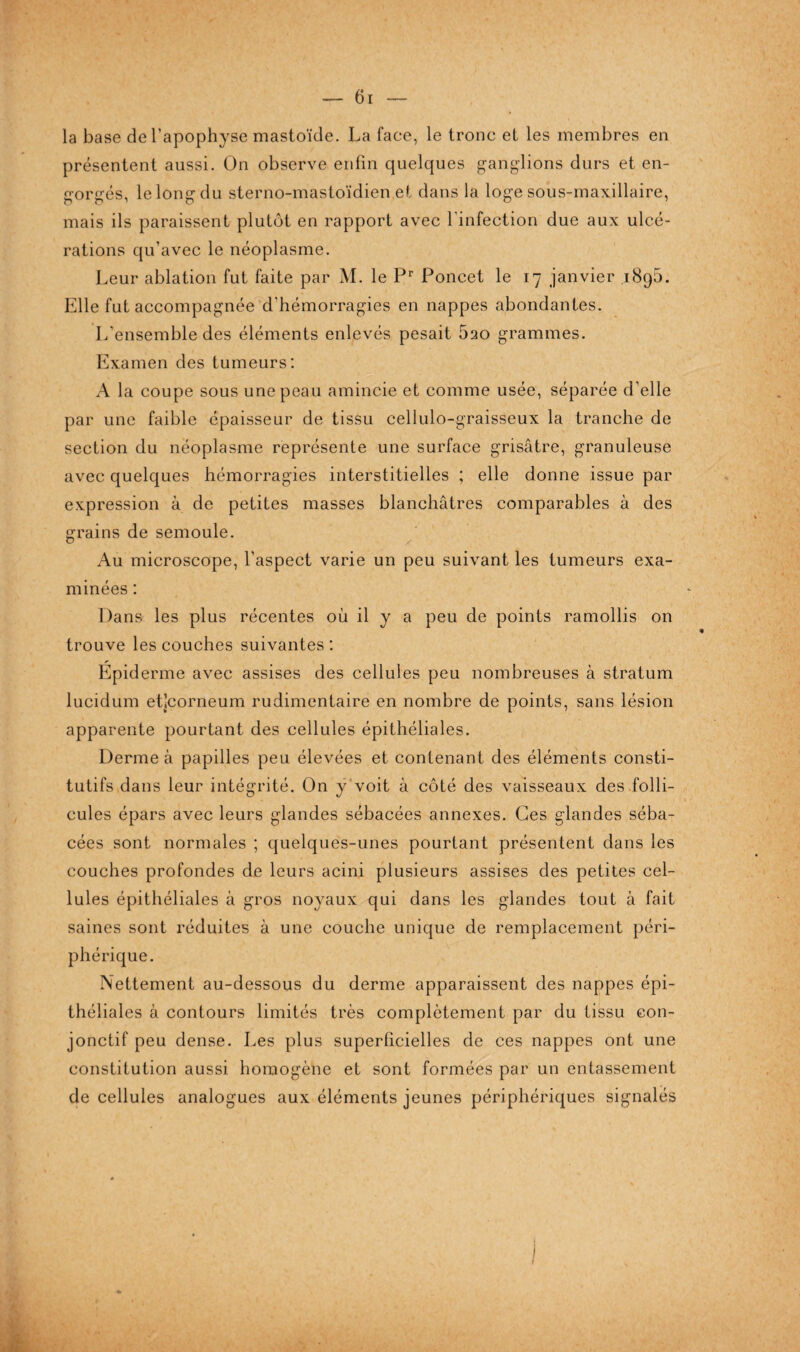 la base de l’apophyse mastoïde. La face, le tronc et les membres en présentent aussi. On observe enfin quelques ganglions durs et en¬ gorgés, le long du sterno-mastoïdien et dans la loge sous-maxillaire, mais ils paraissent plutôt en rapport avec l'infection due aux ulcé¬ rations qu’avec le néoplasme. Leur ablation fut faite par M. le Pr Poncet le 17 janvier .1895. Elle fut accompagnée d'hémorragies en nappes abondantes. L’ensemble des éléments enlevés pesait 5ao grammes. Examen des tumeurs: A la coupe sous une peau amincie et comme usée, séparée d’elle par une faible épaisseur de tissu cellulo-graisseux la tranche de section du néoplasme représente une surface grisâtre, granuleuse avec quelques hémorragies interstitielles ; elle donne issue par expression à de petites masses blanchâtres comparables à des grains de semoule. o / Au microscope, l’aspect varie un peu suivant les tumeurs exa¬ minées : Dans les plus récentes où il y a peu de points ramollis on trouve les couches suivantes : Epiderme avec assises des cellules peu nombreuses à stratum lucidum etjcorneum rudimentaire en nombre de points, sans lésion apparente pourtant des cellules épithéliales. Derme à papilles peu élevées et contenant des éléments consti¬ tutifs dans leur intégrité. On y voit à côté des vaisseaux des folli¬ cules épars avec leurs glandes sébacées annexes. Ces glandes séba¬ cées sont normales ; quelques-unes pourtant présentent dans les couches profondes de leurs acini plusieurs assises des petites cel¬ lules épithéliales à gros noyaux qui dans les glandes tout à fait saines sont réduites à une couche unique de remplacement péri¬ phérique. Nettement au-dessous du derme apparaissent des nappes épi¬ théliales à contours limités très complètement par du tissu con¬ jonctif peu dense. Les plus superficielles de ces nappes ont une constitution aussi homogène et sont formées par un entassement de cellules analogues aux éléments jeunes périphériques signalés I