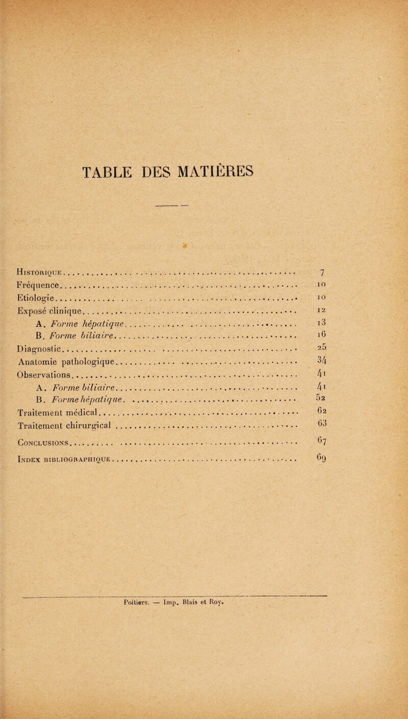 TABLE DES MATIÈRES v.. Historique .. 7 Fréquence.... . •,.. ... 10 Etiologie.... •0 Exposé clinique. *2 A. Forme hépatique. i3 B. Forme biliaire...... 1 ^ Diagnostic. 25 Anatomie pathologique. 34 Observations. 41 A. Forme biliaire. 41 B. Forme hépatique. 32 Traitement médical. 32 Traitement chirurgical.• .. 33 Conclusions...• • • 3 7 Index bibliographique. 69 Poitiers. — lmp. Blais et Roy.