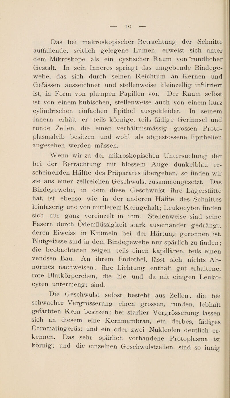 Das bei makroskopischer Betrachtung’ der Schnitte auffallende, seitlich g-eleg-ene Lumen, erweist sich unter dem Mikroskope als ein cystischer Raum von 'rundlicher Gestalt. In sein Inneres springt das umgebende Bindege¬ webe, das sich durch seinen Reichtum an Kernen und Gefässen auszeichnet und stellenweise kleinzellig infiltriert ist, in Form von plumpen Papillen vor. Der Raum selbst ist von einem kubischen, stellenweise auch von einem kurz cylindrischen einfachen Epithel ausgekleidet. In seinem Innern erhält er teils körnige, teils fädige Gerinnsel und runde Zellen, die einen verhältnismässig grossen Proto¬ plasmaleib besitzen und wohl als abgestossene Epithelien angesehen werden müssen. Wenn wir zu der mikroskopischen Untersuchung der bei der Betrachtung mit blossem Auge dunkelblau er¬ scheinenden Hälfte des Präparates übergehen, so finden wir sie aus einer zellreichen Geschwulst zusammengesetzt. Das Bindegewebe, in dem diese Geschwulst ihre Lagerstätte hat, ist ebenso wie in der anderen Hälfte des Schnittes feinfaserig und von mittlerem Kerngehalt; Leukocyten finden sich nur ganz vereinzelt in ihm. Stellenweise sind seine Fasern durch Ödemflüssigkeit stark auseinander gedrängt, deren Eiweiss in Krümeln bei der Härtung geronnen ist. Blutgefässe sind in dem Bindegewebe nur spärlich zu finden; die beobachteten zeigen teils einen kapillären, teils einen venösen Bau. An ihrem Endothel, lässt sich nichts Ab¬ normes nachweisen; ihre Lichtung enthält gut erhaltene, rote Blutkörperchen, die hie und da mit einigen Leuko¬ cyten untermengt sind. Die Geschwulst selbst besteht aus Zellen, die bei schwacher Vergrösserung einen grossen, runden, lebhaft gefärbten Kern besitzen; bei starker Vergrösserung lassen sich an diesem eine Kernmembran, ein derbes, fädiges Chromatingerüst und ein oder zwei Nukleolen deutlich er¬ kennen. Das sehr spärlich vorhandene Protoplasma ist körnig; und die einzelnen Geschwulstzellen sind so innig