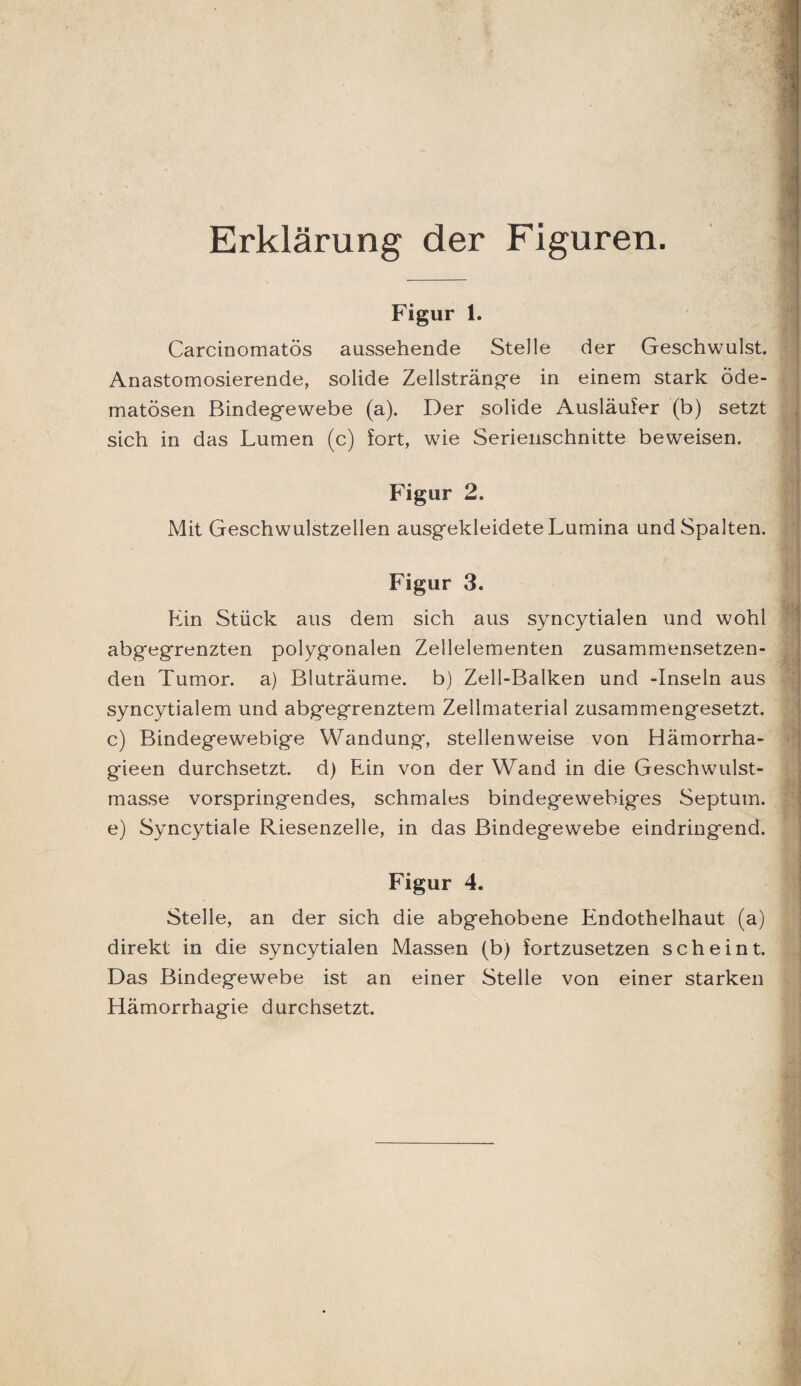 Erklärung der Figuren. Figur 1. Carcinomatös aussehende Stelle der Geschwulst. Anastomosierende, solide Zellstränge in einem stark öde- matösen Bindegewebe (a). Der solide Ausläufer (b) setzt sich in das Lumen (c) fort, wie Serienschnitte beweisen. Figur 2. Mit Geschwulstzellen ausgekleidete Lumina und Spalten. Figur 3. Lin Stück aus dem sich aus syncytialen und wohl abgegrenzten polygonalen Zellelementen zusammensetzen¬ den Tumor, a) Bluträume, b) Zell-Balken und -Inseln aus syncytialem und abgegrenztem Zellmaterial zusammengesetzt, c) Bindegewebige Wandung*, stellenweise von Hämorrha- gieen durchsetzt, d) Ein von der Wand in die Geschwulst¬ masse vorspringendes, schmales bindegewebiges Septum, e) Syncytiale Riesenzelle, in das Bindegewebe eindringend. Figur 4. Stelle, an der sich die abgehobene Endothelhaut (a) direkt in die syncytialen Massen (b) fortzusetzen scheint. Das Bindegewebe ist an einer Stelle von einer starken Hämorrhagie durchsetzt.