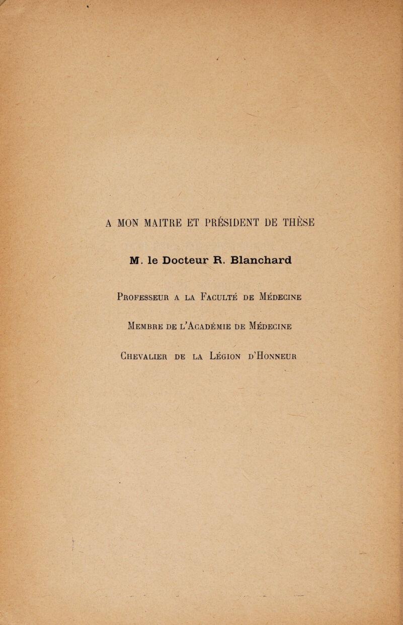 A MON MAITRE ET PRÉSIDENT DE THÈSE M. le Docteur R. Blanchard Professeur a la Faculté de Médecine Membre de l’Académie de Médecine / Chevalier de la Légion d’Honneur