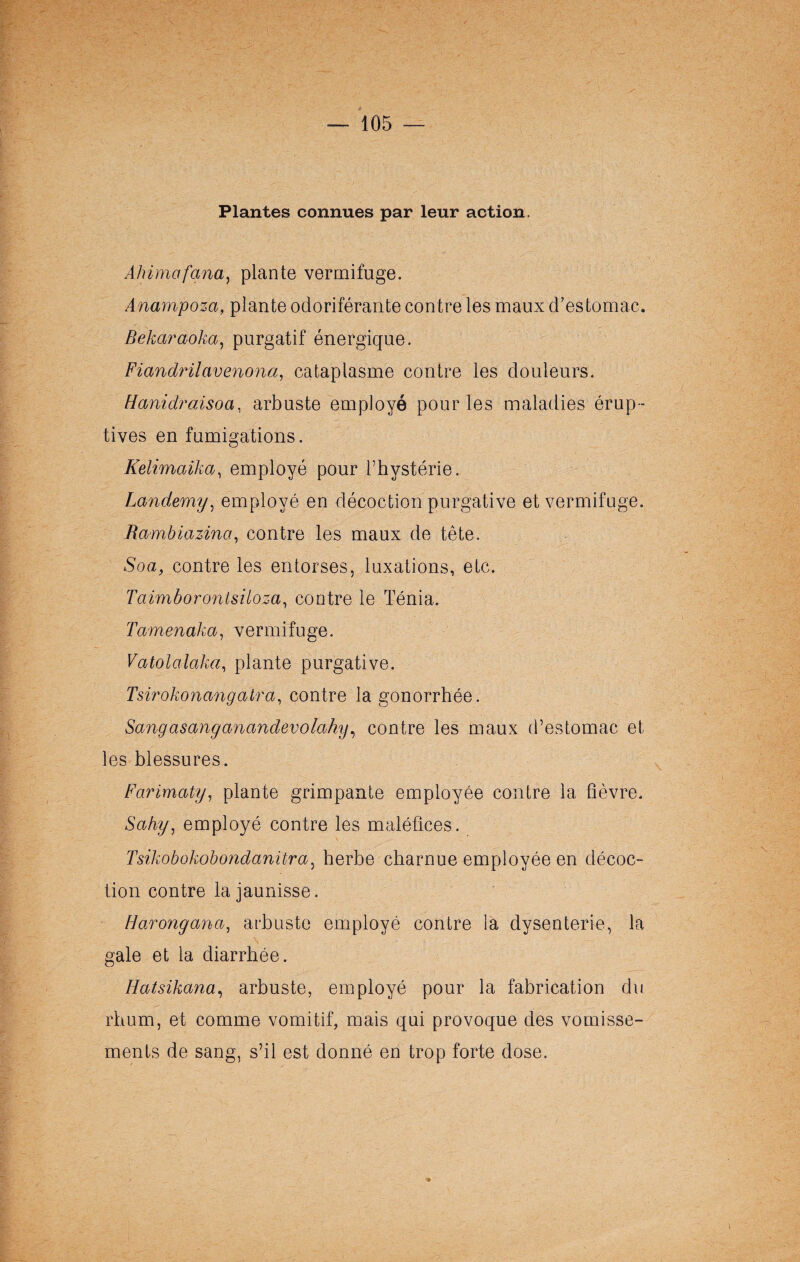 Plantes connues par leur action. Ahimafana, plante vermifuge. Anampoza, plante odoriférante contre les maux d’estomac. Bekaraoka, purgatif énergique. Fiandrilavenona, cataplasme contre les douleurs. Hanidraisoa, arbuste employé pour les maladies érup¬ tives en fumigations. Kelimaika, employé pour l’hystérie. Landemy, employé en décoction purgative et vermifuge. Rambiazinct, contre les maux de tête. Soa, contre les entorses, luxations, etc. Taimborontsiloza, contre le Ténia. Tamenaka, vermifuge. Vatolalaka, plante purgative. Tsirofèo n ang a Ira, contre la gonorrhée. Sang asanganandevolahy, contre les maux d’estomac et les blessures. Farimaty, plante grimpante employée contre la fièvre. £&%, employé contre les maléfices. Tsikobokobondanitra, herbe charnue employée en décoc¬ tion contre la jaunisse. Harongana, arbuste employé contre la dysenterie, la gale et la diarrhée. Hatsikana, arbuste, employé pour la fabrication du rhum, et comme vomitif, mais qui provoque des vomisse¬ ments de sang, s’il est donné en trop forte dose. %