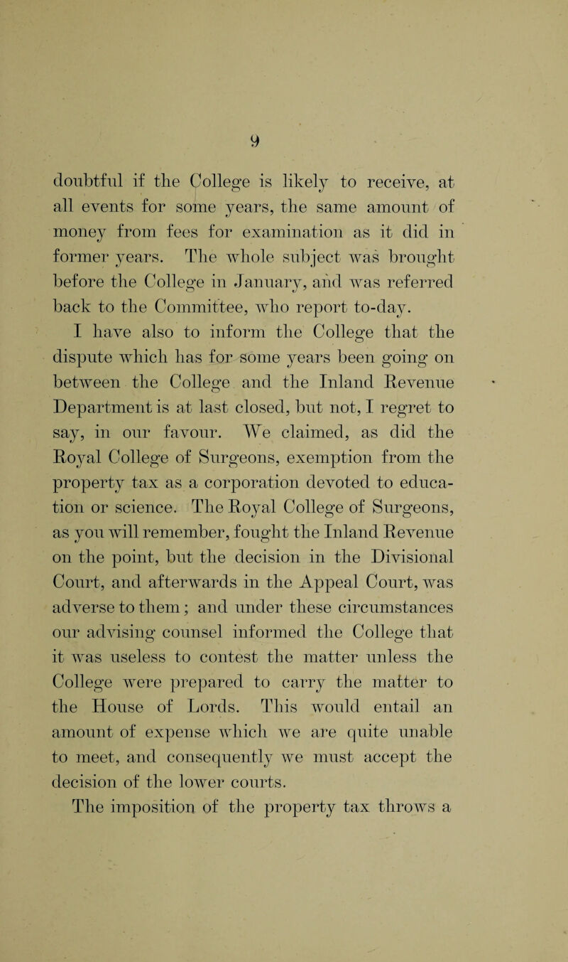 doubtful if the College is likely to receive, at all events for some years, the same amount of money from fees for examination as it did in former years. The whole subject was brought before the College in Jannarv, aiid was referred back to the Committee, who report to-day. I have also to inform the College that the dispute which lias for some years been going on between the College and the Inland Revenue Department is at last closed, but not, I regret to say, in our favour. We claimed, as did the Royal College of Surgeons, exemption from the property tax as a corporation devoted to educa¬ tion or science. The Royal College of Surgeons, as you will remember, fought the Inland Revenue on the point, but the decision in the Divisional Court, and afterwards in the Appeal Court, was adverse to them; and under these circumstances our advising* counsel informed the College that it was useless to contest the matter unless the College were prepared to carry the matter to the House of Lords. This would entail an amount of expense which we are quite unable to meet, and consequently we must accept the decision of the lower courts. The imposition of the property tax throws a