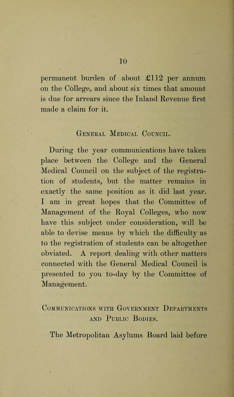 permanent burden of about £112 per annum on the College, and about six times that amount is due for arrears since the Inland Revenue first made a claim for it. General Medical Council. During the year communications have taken place between the College and the General Medical Council on the subject of the registra¬ tion of students, but the matter remains in exactly the same position as it did last year. I am in great hopes that the Committee of Management of the Royal Colleges, who now have this subject under consideration, will be able to devise means by which the difficulty as to the registration of students can be altogether obviated. A report dealing with other matters connected with the General Medical Council is presented to you to-day by the Committee of Management. Communications with Government Departments and Public Bodies. The Metropolitan Asylums Board laid before :'• ' c