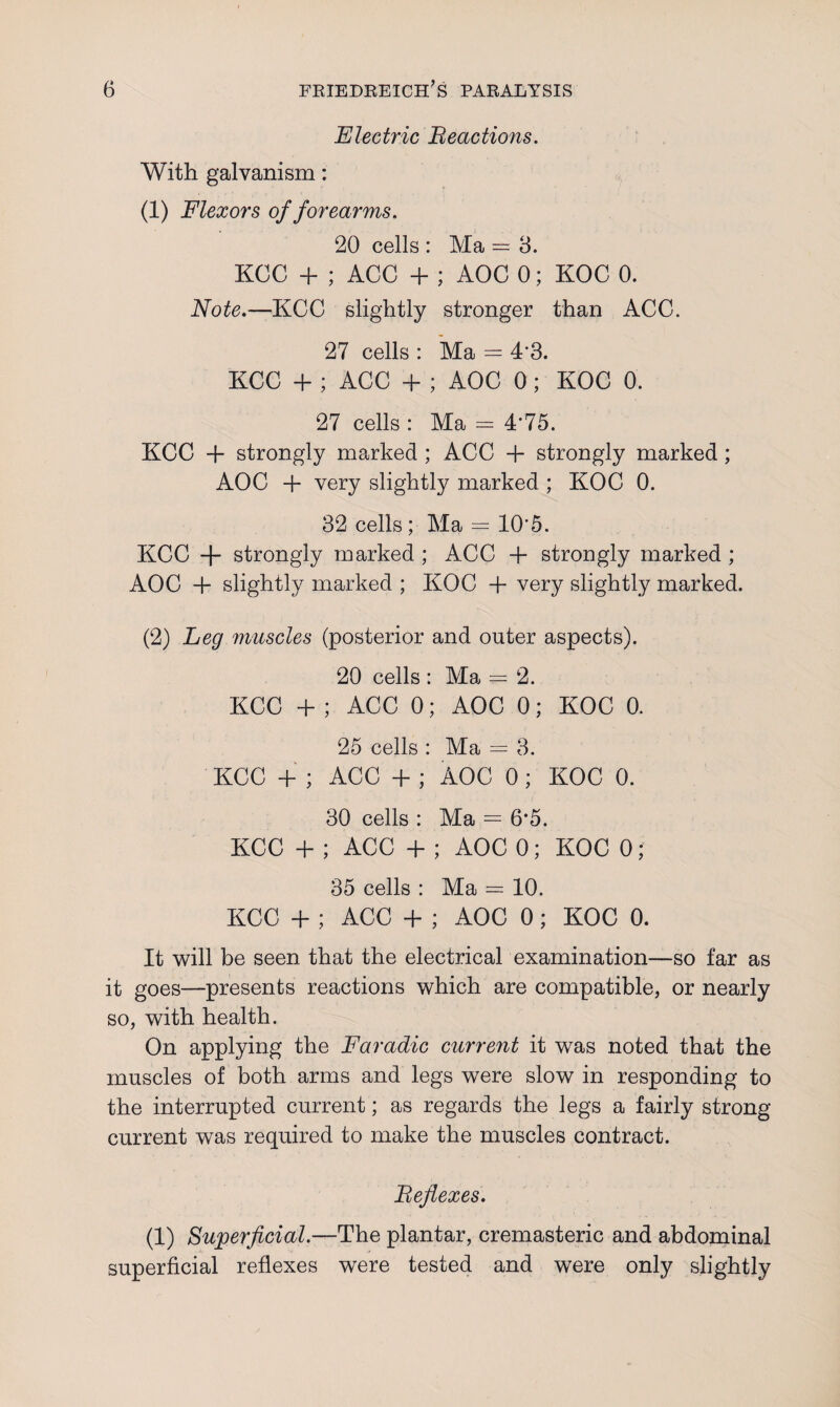 Electric Reactions. With galvanism: (1) Flexors of forearms. 20 cells : Ma = 3. KCC + ; ACC + ; AOC 0; KOC 0. Note.—KCC slightly stronger than ACC. 27 cells : Ma = 4*3. KCC + ; ACC + ; AOC 0; KOC 0. 27 cells : Ma = 4*75. KCC -f strongly marked ; ACC + strongly marked; AOC 4- very slightly marked ; KOC 0. 32 cells; Ma = 10'5. KCC + strongly marked ; ACC -f strongly marked ; AOC + slightly marked ; KOC + very slightly marked. (2) Leg muscles (posterior and outer aspects). 20 cells : Ma == 2. KCC + ; ACC 0; AOC 0; KOC 0. 25 cells : Ma = 3. KCC + ; ACC + ; AOC 0; KOC 0. 30 cells : Ma = 6*5. KCC + ; ACC + ; AOC 0; KOC 0; 35 cells : Ma = 10. KCC + ; ACC + ; AOC 0; KOC 0. It will be seen that the electrical examination—so far as it goes—presents reactions which are compatible, or nearly so, with health. On applying the Faradic current it was noted that the muscles of both arms and legs were slow in responding to the interrupted current; as regards the legs a fairly strong current was required to make the muscles contract. Reflexes. (1) Superficial.—The plantar, cremasteric and abdominal superficial reflexes were tested and were only slightly