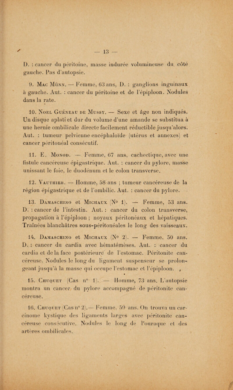 ✓* I). : cancer du péritoine, masse indurée volumineuse du. côté gauche. Pas d’autopsie. 9. Mac Münn. — Femme, 63 ans, D. : ganglions inguinaux à gauche. Aut. : cancer du péritoine et de l’épiploon. Nodules dans la rate. 10. Noël Guéneau de Mussy, — Sexe et âge non indiqués. Un disque aplati et dur du volume d’une amande se substitua à une hernie ombilicale directe facilement réductible jusqu’alors. Aut. : tumeur pelvienne encéphaloïde (utérus et annexes) et cancer péritonéal consécutif. 11. E. Monod. — Femme, 67 ans, cachectique, avec une fistule cancéreuse épigastrique. Aut. : cancer du pylore, masse unissant le foie, le duodénum et le colon transverse. 12. Vauthieii. — Homme, 58 ans ; tumeur cancéreuse de la région épigastrique et de l’ombilic. Aut. : cancer du pylore. 13. Damaschino et Michaux (N° 1). — Femme, 53 ans. D. ; cancer de l’intestin. Aut. : cancer du colon transverse, propagation à l’épiploon ; noyaux péritonéaux et hépatiques. Traînées blanchâtres sous-péritonéales le long des vaisseaux, 14. Damaschino et Michaux (N° 2). — Femme, 50 ans. D. : cancer du cardia avec hématémèses. Aut. : cancer du cardia et de la face postérieure de l'estomac. Péritonite can- céreuse. Nodules le long du ligament suspenseur se prolon¬ geant jusqu’à la masse qui occupe l’estomac et l’épiploon. f 15. Ciiuquet (Cas n° 1). — Homme, 73 ans. L’autopsie montra un cancer du pylore accompagné de péritonite can¬ céreuse. 16. Chuquet (Cas n° 2).— Femme, 59 ans. On trouva un car¬ cinome kystique des ligaments larges avec péritonite can¬ céreuse consécutive. Nodules le long de l’ouraque et des artères ombilicales.
