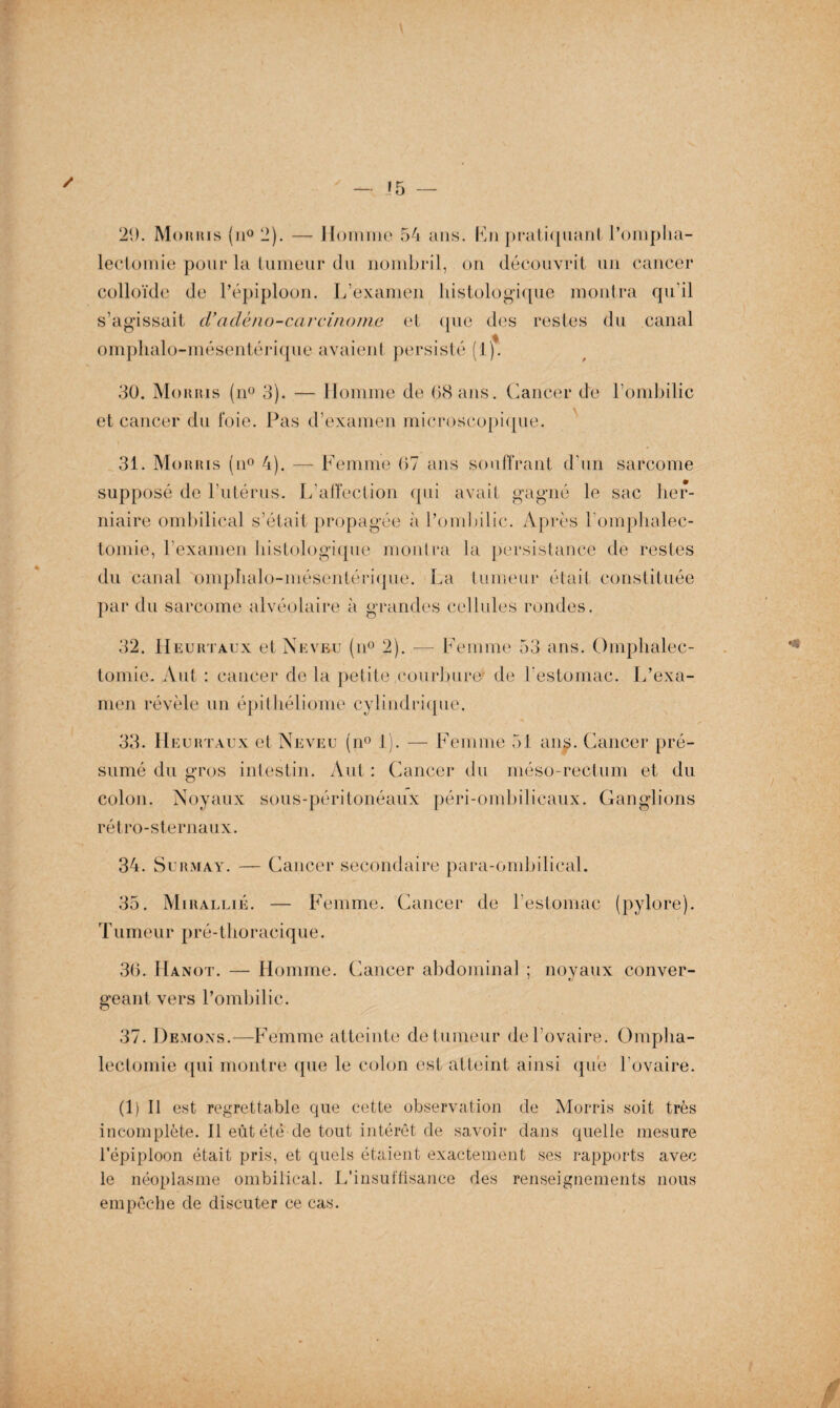 ✓ 29. Morris (ri0 2). — Homme 54 ans. Knpratiquantrompha- lectomie pour la tumeur du nombril, on découvrit un cancer colloïde de l’épiploon. L’examen histologique montra qu'il s’agissait d’adèno-carcinome et que des restes du canal omphalo-mésentérique avaient persisté (1). 30. Morris (n° 3). — Homme de 68 ans. Cancer de l’ombilic et cancer du foie. Pas d’examen microscopique. 31. Morris (n° 4). —- Femme 67 ans souffrant d’un sarcome supposé de l’utérus. L’affection qui avait gagné le sac her¬ niaire ombilical s’était propagée à l’ombilic. Après l’omphalec- tomie, l’examen histologique montra la persistance de restes du canal omphalo-mésentérique. La tumeur était constituée par du sarcome alvéolaire à grandes cellules rondes. 32. Heurtaux et Neveu (n° 2). — Femme 53 ans. Omphalec- tomie. Ant : cancer delà petite courbure' de l'estomac. L’exa¬ men révèle un épithéliome cylindrique. 33. Heurtaux et Neveu (n° 1). — Femme 51 ans. Cancer pré¬ sumé du gros intestin. Aut : Cancer du méso-rectum et du colon. Noyaux sous-péritonéaux péri-ombilicaux. Ganglions rétro-sternaux. 34. Surmay. — Cancer secondaire para-ombilical. 35. Mirallié. — Femme. Cancer de l’estomac (pylore). Tumeur pré-thoracique. 36. Hanot. — Homme. Cancer abdominal ; noyaux conver- géant vers l’ombilic. 37. Démons.—Femme atteinte de tumeur de l’ovaire. Omplia- (1) Il est regrettable que cette observation de Morris soit très incomplète. Il eût été de tout intérêt de savoir dans quelle mesure l’épiploon était pris, et quels étaient exactement ses rapports avec le néoplasme ombilical. L’insuffisance des renseignements nous empêche de discuter ce cas.