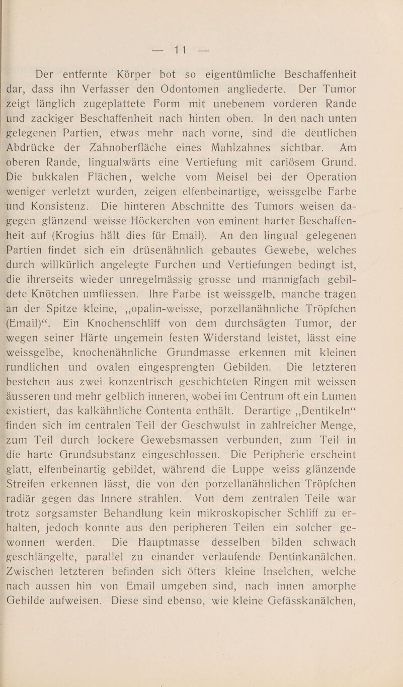 Der entfernte Körper bot so eigentümliche Beschaffenheit dar, dass ihn Verfasser den Odontomen angliederte. Der Tumor zeigt länglich zugeplattete Form mit unebenem vorderen Rande und zackiger Beschaffenheit nach hinten oben, ln den nach unten gelegenen Partien, etwas mehr nach vorne, sind die deutlichen Abdrücke der Zahnoberfläche eines Mahlzahnes sichtbar. Am oberen Rande, lingualwärts eine Vertiefung mit cariösem Grund. Die bukkalen Flächen, welche vom Meisel bei der Operation weniger verletzt wurden, zeigen elfenbeinartige, weissgelbe Farbe und Konsistenz. Die hinteren Abschnitte des Tumors weisen da¬ gegen glänzend weisse Höckerchen von eminent harter Beschaffen¬ heit auf (Krogius hält dies für Email). An den lingual gelegenen Partien findet sich ein drüsenähnlich gebautes Gewebe, welches durch willkürlich angelegte Furchen und Vertiefungen bedingt ist, die ihrerseits wieder unregelmässig grosse und mannigfach gebil¬ dete Knötchen umfliessen. Ihre Farbe ist weissgelb, manche tragen an der Spitze kleine, ,,opa!in-weisse, porzellanähnliche Tröpfchen (Email)“. Ein Knochenschliff von dem durchsägten Tumor, der wegen seiner Härte ungemein festen Widerstand leistet, lässt eine weissgelbe, knochenähnliche Grundmasse erkennen mit kleinen rundlichen und ovalen eingesprengten Gebilden. Die letzteren bestehen aus zwei konzentrisch geschichteten Ringen mit weissen äusseren und mehr gelblich inneren, wobei im Centrum oft ein Lumen existiert, das kalkähnliche Contenta enthält. Derartige ,,Dentikeln“ finden sich im centralen Teil der Geschwulst in zahlreicher Menge, zum Teil durch lockere Gewebsmassen verbunden, zum Teil in die harte Grundsubstanz eingeschlossen. Die Peripherie erscheint glatt, elfenbeinartig gebildet, während die Luppe weiss glänzende Streifen erkennen lässt, die von den porzellanähnlichen Tröpfchen radiär gegen das Innere strahlen. Von dem zentralen Teile war trotz sorgsamster Behandlung kein mikroskopischer Schliff zu er¬ halten, jedoch konnte aus den peripheren Teilen ein solcher ge¬ wonnen werden. Die Hauptmasse desselben bilden schwach geschlängelte, parallel zu einander verlaufende Dentinkanälchen. Zwischen letzteren befinden sich öfters kleine Inselchen, welche nach aussen hin von Email umgeben sind, nach innen amorphe Gebilde aufweisen. Diese sind ebenso, wie kleine Gefässkanälchen,