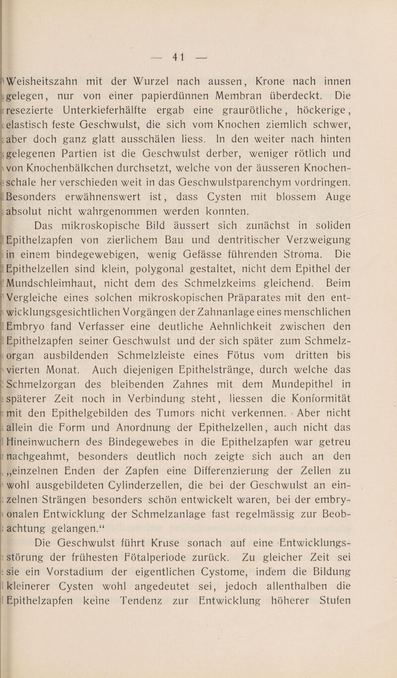 Weisheitszahn mit der Wurzel nach aussen, Krone nach innen gelegen, nur von einer papierdünnen Membran überdeckt. Die resezierte Unterkieferhälfte ergab eine graurötliche, höckerige, elastisch feste Geschwulst, die sich vom Knochen ziemlich schwer, aber doch ganz glatt ausschälen liess. In den weiter nach hinten gelegenen Partien ist die Geschwulst derber, weniger rötlich und von Knochenbälkchen durchsetzt, welche von der äusseren Knochen- schale her verschieden weit in das Geschwulstparenchym Vordringen. Besonders erwähnenswert ist, dass Cysten mit blossem Auge absolut nicht wahrgenommen werden konnten. Das mikroskopische Bild äussert sich zunächst in soliden Epithelzapfen von zierlichem Bau und dentritischer Verzweigung in einem bindegewebigen, wenig Gefässe führenden Stroma. Die Epithelzellen sind klein, polygonal gestaltet, nicht dem Epithel der Mundschleimhaut, nicht dem des Schmelzkeims gleichend. Beim Vergleiche eines solchen mikroskopischen Präparates mit den ent- wicklungsgesichtlichen Vorgängen der Zahnanlage eines menschlichen Embryo fand Verfasser eine deutliche Aehnlichkeit zwischen den Epithelzapfen seiner Geschwulst und der sich später zum Schmelz¬ organ ausbildenden Schmelzleiste eines Fötus vom dritten bis vierten Monat. Auch diejenigen Epithelstränge, durch welche das Schmelzorgan des bleibenden Zahnes mit dem Mundepithel in späterer Zeit noch in Verbindung steht, liessen die Konformität mit den Epithelgebilden des Tumors nicht verkennen. • Aber nicht allein die Form und Anordnung der Epithelzellen, auch nicht das Hineinwuchern des Bindegewebes in die Epithelzapfen war getreu nachgeahmt, besonders deutlich noch zeigte sich auch an den „einzelnen Enden der Zapfen eine Differenzierung der Zellen zu wohl ausgebildeten Cylinderzellen, die bei der Geschwulst an ein¬ zelnen Strängen besonders schön entwickelt waren, bei der embry¬ onalen Entwicklung der Schmelzanlage fast regelmässig zur Beob¬ achtung gelangen.“ Die Geschwulst führt Kruse sonach auf eine Entwicklungs¬ störung der frühesten Fötalperiode zurück. Zu gleicher Zeit sei sie ein Vorstadium der eigentlichen Cystome, indem die Bildung kleinerer Cysten wohl angedeutet sei, jedoch allenthalben die Epithelzapfen keine Tendenz zur Entwicklung höherer Stufen