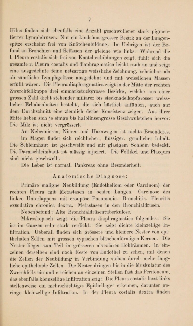 Hilus finden sich ebenfalls eine Anzahl geschwollener stark pigmen¬ tierter Ljmphdrüsen. Nur ein kindsfaustgrosser Bezirk an der Lungen¬ spitze erscheint frei von Knötchenbildung. Im Uebrigen ist der Be¬ fund an Bronchien und Gefässen der gleiche wie links. Während die 1. Pleura costalis sich frei von Knötchenbildungen zeigt, fühlt sich die gesamte r. Pleura costalis und diaphragmatica leicht rauh an und zeigt eine ausgedehnte feine netzartige weissliche Zeichnung, scheinbar als ob sämtliche Lymphgefässe ausgedehnt und mit weisslichen Massen erfüllt wären. Die Pleura diaphragmatica zeigt in der Mitte der rechten Zwerchfellkuppe drei einmarkstückgrosse Bezirke, welche aus einer grossen Zahl dicht stehender miliarer bis stecknadelkopfgrosser weiss- licher Erhabenheiten besteht, die sich härtlich anfühlen, auch auf dem Durchschnitt eine ziemlich derbe Konsistenz zeigen. Aus ihrer Mitte heben sich je einige bis halblinsengrosse Geschwülstchen hervor. Die Milz ist nicht vergrössert. An Nebennieren, Nieren und Harnwegen ist nichts Besonderes. Im Magen findet sich reichlicher, flüssiger, grünlicher Inhalt. Die Schleimhaut ist geschwellt und mit glasigem Schleim bedeckt. Die Darmschleimhaut ist massig injiciert. Die Follikel und Placques sind nicht geschwellt. Die Leber ist normal. Pankreas ohne Besonderheit. Anatomische Diagnose: Primäre maligne Neubildung (Endotheliom oder Carcinom) der rechten Pleura mit Metastasen in beiden Lungen. Carcinose des linken Unterlappens mit croupöse Pneumonie. Bronchitis. Pleuritis exsudativa chronica dextra. Metastasen in den Bronchialdrüsen. Nebenbefund: Alte Bronchialdrüsentuberkulose. Mikroskopisch zeigt die Pleura diaphragmatica folgendes: Sie ist im Ganzen sehr stark verdickt. Sie zeigt dichte kleinzellige In¬ filtration. Ueberall finden sich grössere und kleinere Nester von epi¬ thelialen Zellen mit grossen typischen bläschenförmigen Kernen. Die Nester liegen zum Teil in grösseren alveolären Hohlräumen. In ein¬ zelnen derselben sind noch Reste von Endothel zu sehen, mit denen die Zellen der Neubildung in Verbindung stehen durch mehr läng¬ liche epithelioide Zellen. Die Nester dringen bis in die Muskulatur des Zwerchfells ein und erreichen an einzelnen Stellen fast das Peritoneum, das ebenfalls kleinzellige Infiltration zeigt. Die Pleura costalis lässt links stellenweise ein mehrschichtiges Epithellager erkennen, darunter ge¬ ringe kleinzellige Infiltration. In der Pleura costalis dextra finden