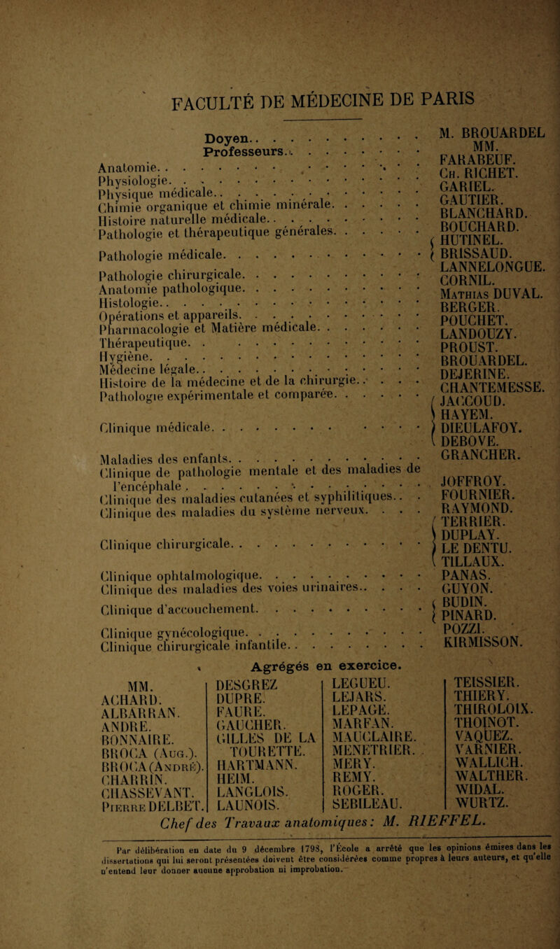 Doyen. Professeurs.-. Anatomie. ,.• * Physiologie. .. Physique médicale... Chimie organique et chimie minérale. Histoire naturelle médicale. Pathologie et thérapeutique générales. Pathologie médicale.. Pathologie chirurgicale. Anatomie pathologique. Histologie. Opérations et appareils.. • Pharmacologie et Matière médicale. Thérapeutique. . . Hygiène. . .. lYÎprlpfinp po-a .. Histoire de Fa médecine et de la chirurgie.. . . Pathologie expérimentale et comparée. Clinique médicale. ... Maladies des enfants.• • • \ • Clinique de pathologie mentale et des maladies d l’encéphale . ..*• • • • Clinique des maladies cutanées et syphilitiques.. Clinique des maladies du système nerveux. . . Clinique chirurgicale. Clinique ophtalmologique. . . • • • • • • Clinique des maladies des voies urinaires.. Clinique d’accouchement. Clinique gynécologique. .. Clinique chirurgicale infantile. M. BROUARDEL MM. FARABEUF. Ch. RICHET. GAR1EL. GAUTIER. BLANCHARD. BOUCHARD. ( HUTINEL. BR1SSAUD. LANNELONGUE. CORNIL. Mathias DUVAL. BERGER. POUCHET. LANDOUZY. PROUST. BROUARDEL. DEJERINE. CHANTEMESSE. [ JACCOUD. HAYEM. DIEULAFOY. I DEBOVE. GRANCHER. JOFFROY. FOURNIER. RAYMOND. ( TERRIER. DUPLAY. LE DENTU. V T1LLAUX. ' PANAS. GUYON. < BUDIN. ) PINARD. P0ZZ1. KIRMISSON. Agrégés en exercice. MM. ACHARD. ALRARRAN. ANDRE. BONNAIRE. BROCA (Aug.). BROCA (André). CHARR1N. CHASSEVANT. Pierre DELBET. DESGREZ DUPRE. FAURE. GAUCHER. GILLES DE LA TOURETTE. HARTMANN. HEIM. LANGLOIS. LAUNOIS. LEGUEU. LEJARS. LEPAGE. MARFAN. MAUCLAIRE. MENETRIER. MERY. REMY. ROGER. SEBILEAU. TEISSIER. THIERY. THIROLOIX. THOINOT. VAQUEZ. VARN1ER. WALLICH. WALTHER. WIDAL. WURTZ. Chef des Travaux anatomiques : M. R1EFFEL. Par délibération eu date du 9 décembre 1793, l’École a arrêté que les opinions émises dans les dissertations qui lui seront présentées doivent être considérées comme propres à leurs auteurs, et qu elle u’eutend leur donner aucune approbation ni improbation. -