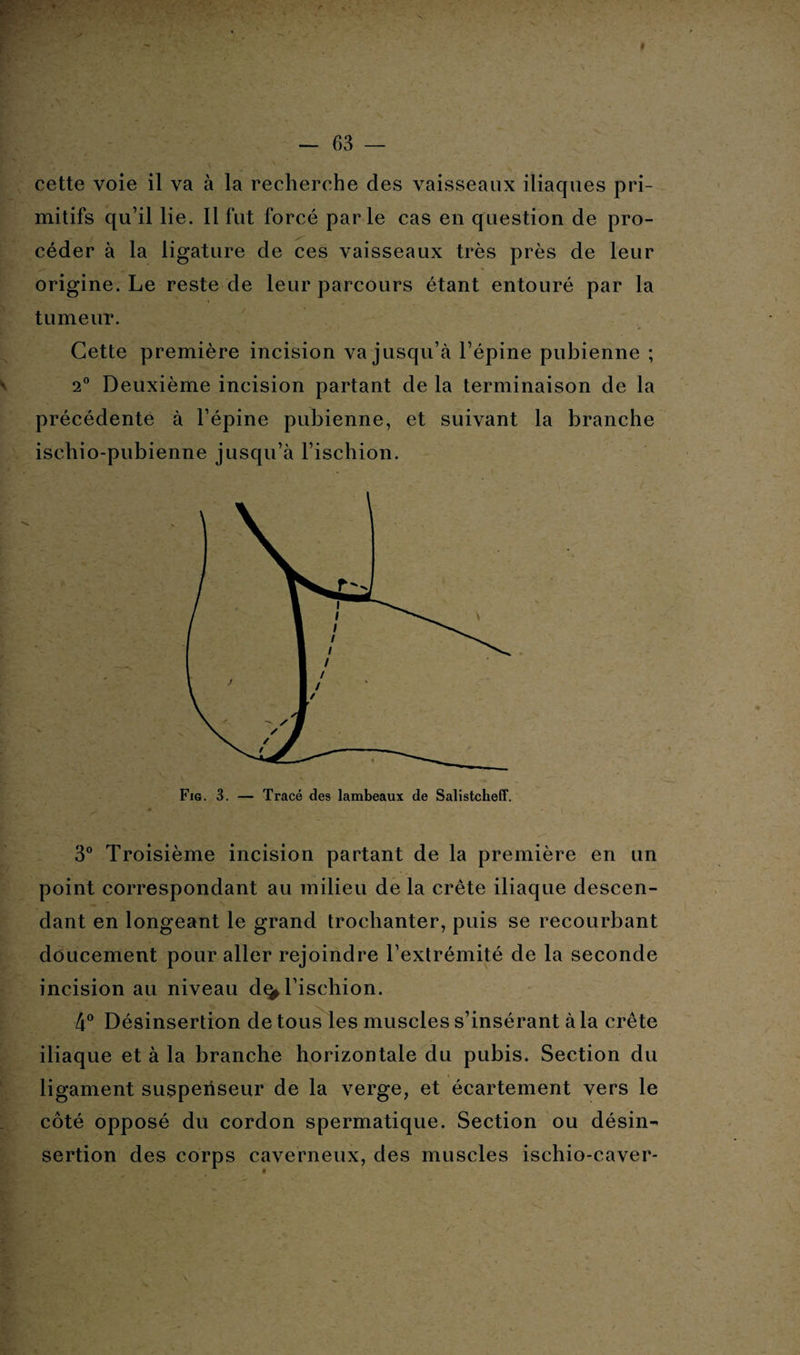 — 63 — cette voie il va à la recherche des vaisseaux iliaques pri¬ mitifs qu’il lie. Il fut forcé parle cas en question de pro¬ céder à la ligature de ces vaisseaux très près de leur origine. Le reste de leur parcours étant entouré par la tumeur. Cette première incision va jusqu’à l’épine pubienne ; 2° Deuxième incision partant de la terminaison de la précédente à l’épine pubienne, et suivant la branche isehio-pubienne jusqu’à l’ischion. 3° Troisième incision partant de la première en un point correspondant au milieu de la crête iliaque descen¬ dant en longeant le grand trochanter, puis se recourbant doucement pour aller rejoindre l’extrémité de la seconde incision au niveau d% l’ischion. 4° Désinsertion de tous les muscles s’insérant à la crête iliaque et à la branche horizontale du pubis. Section du ligament susperiseur de la verge, et écartement vers le côté opposé du cordon spermatique. Section ou désin¬ sertion des corps caverneux, des muscles ischio-caver-