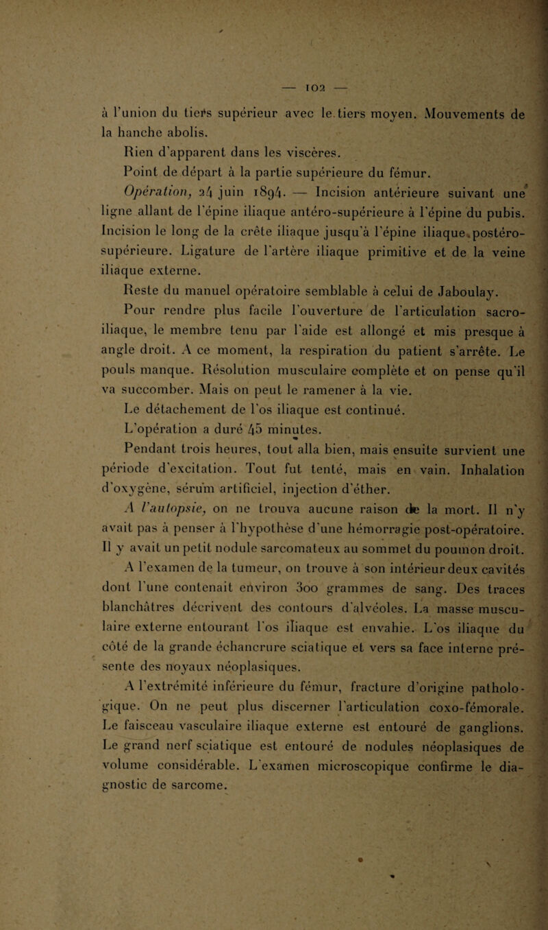 à l'union du tiei*s supérieur avec le.tiers moyen. Mouvements de la hanche abolis. Rien d'apparent dans les viscères. Point de départ à la partie supérieure du fémur. Opération, 24 juin 1894. — Incision antérieure suivant une ligne allant de l'épine iliaque antéro-supérieure à l'épine du pubis. Incision le long de la crête iliaque jusqu à l'épine iliaque.postéro- supérieure. Ligature de l’artère iliaque primitive et de la veine iliaque externe. Reste du manuel opératoire semblable à celui de Jaboulay. Pour rendre plus facile l'ouverture de l’articulation sacro- iliaque, le membre tenu par 1 aide est allongé et mis presque à angle droit. A ce moment, la respiration du patient s’arrête. Le pouls manque. Résolution musculaire complète et on pense qu'il va succomber. Mais on peut le ramener à la vie. Le détachement de l'os iliaque est continué. L’opération a duré 4b minutes. Pendant trois heures, tout alla bien, mais ensuite survient une période d'excitation. Tout fut tenté, mais en vain. Inhalation d'oxygène, sérum artificiel, injection d'éther. A l'autopsie, on ne trouva aucune raison de la mort. Il n’y avait pas à penser à l'hypothèse d'une hémorragie post-opératoire. 11 y avait un petit nodule sarcomateux au sommet du poumon droit. A l'examen de la tumeur, on trouve à son intérieur deux cavités dont l’une contenait environ 3oo grammes de sang. Des traces blanchâtres décrivent des contours d'alvéoles. La masse muscu¬ laire externe entourant l'os iliaque est envahie. L'os iliaque du côté de la grande échancrure sciatique et vers sa face interne pré¬ sente des noyaux néoplasiques. A l'extrémité inférieure du fémur, fracture d’origine patholo¬ gique. On ne peut plus discerner l'articulation coxo-fémorale. Le faisceau vasculaire iliaque externe est entouré de ganglions. Le grand nerf sciatique est entouré de nodules néoplasiques de volume considérable. L examen microscopique confirme le dia¬ gnostic de sarcome.